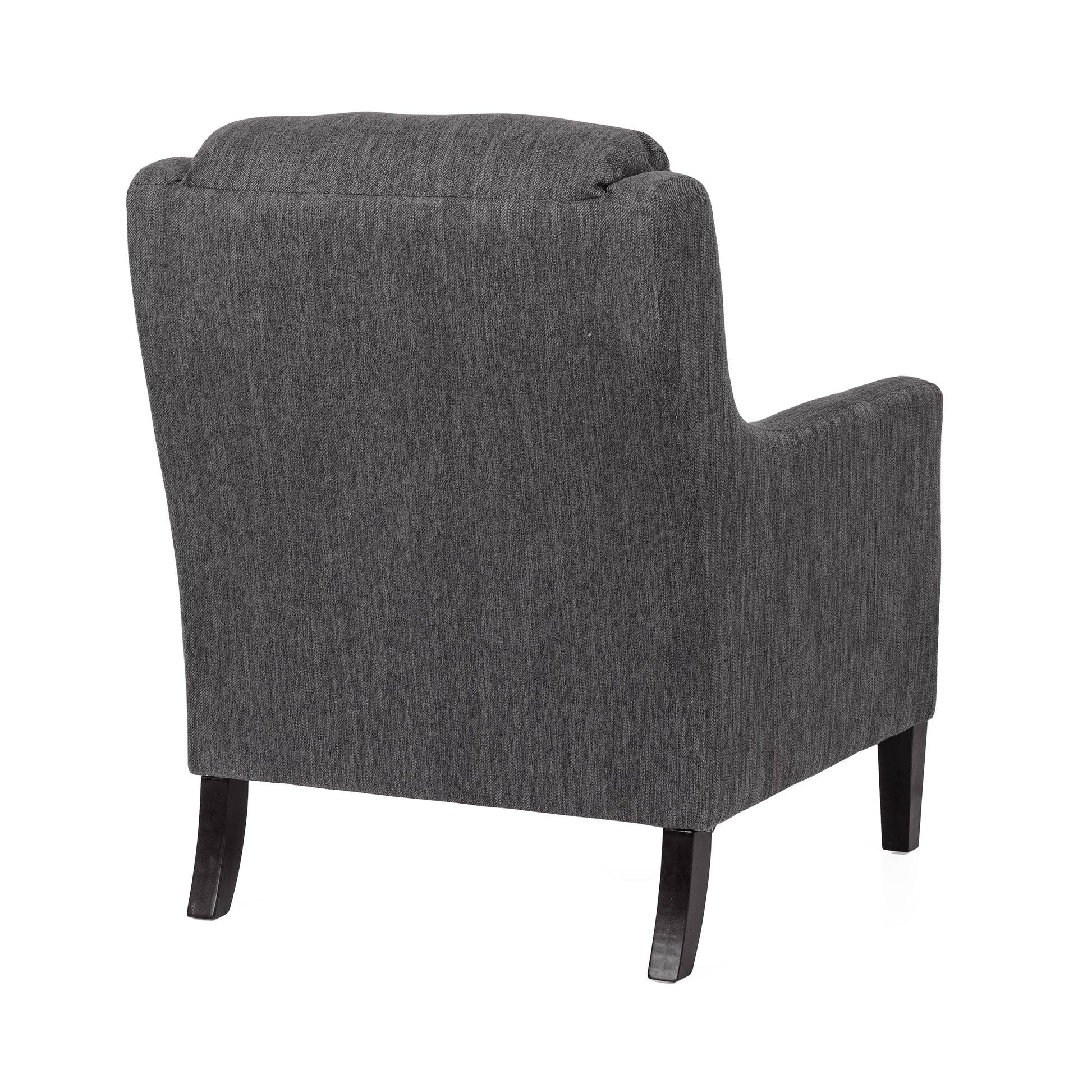 Back view of a dark gray upholstered armchair with wooden legs ideal for a living room accent