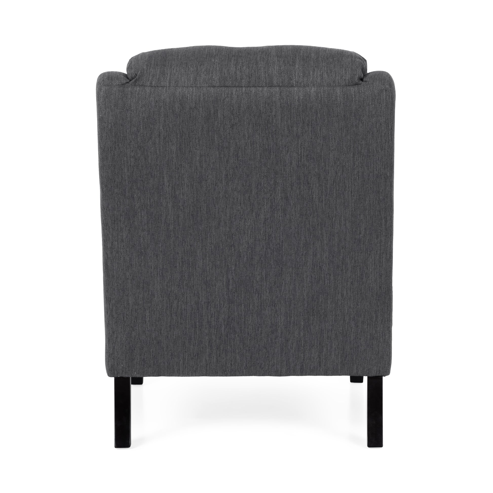 Back view of a charcoal gray fabric accent chair with slim black legs perfect for a modern living room
