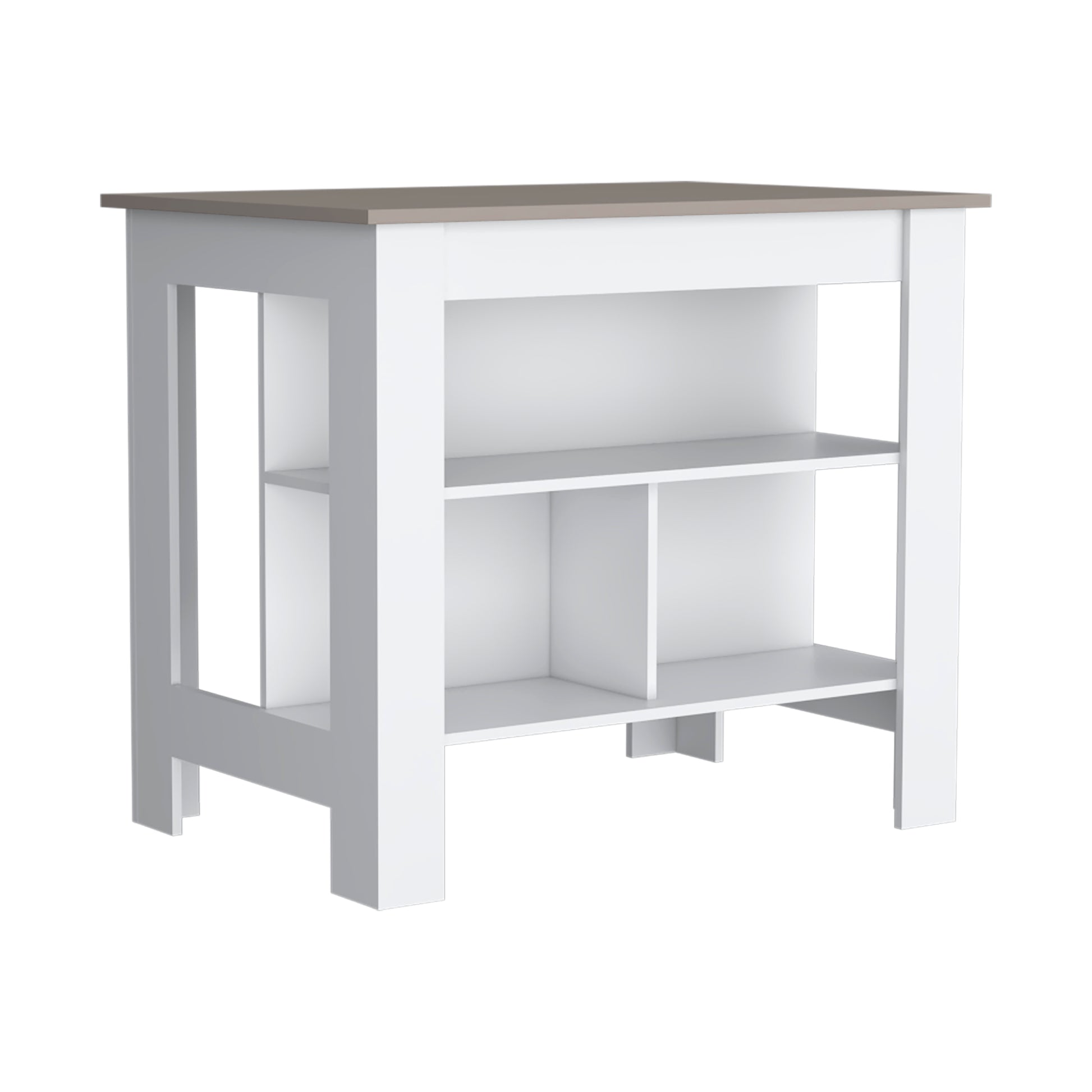 Modern white kitchen island with open shelving and a taupe countertop