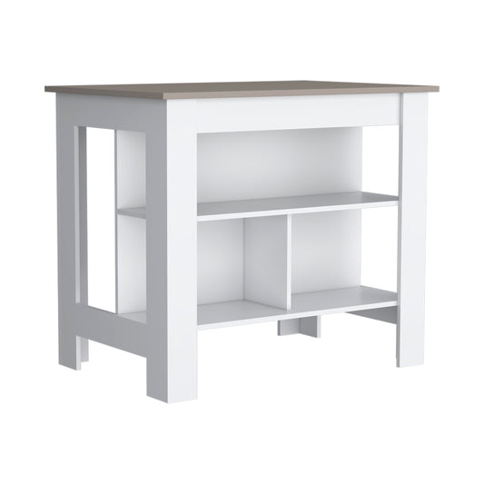 Modern white kitchen island with open shelving and a taupe countertop