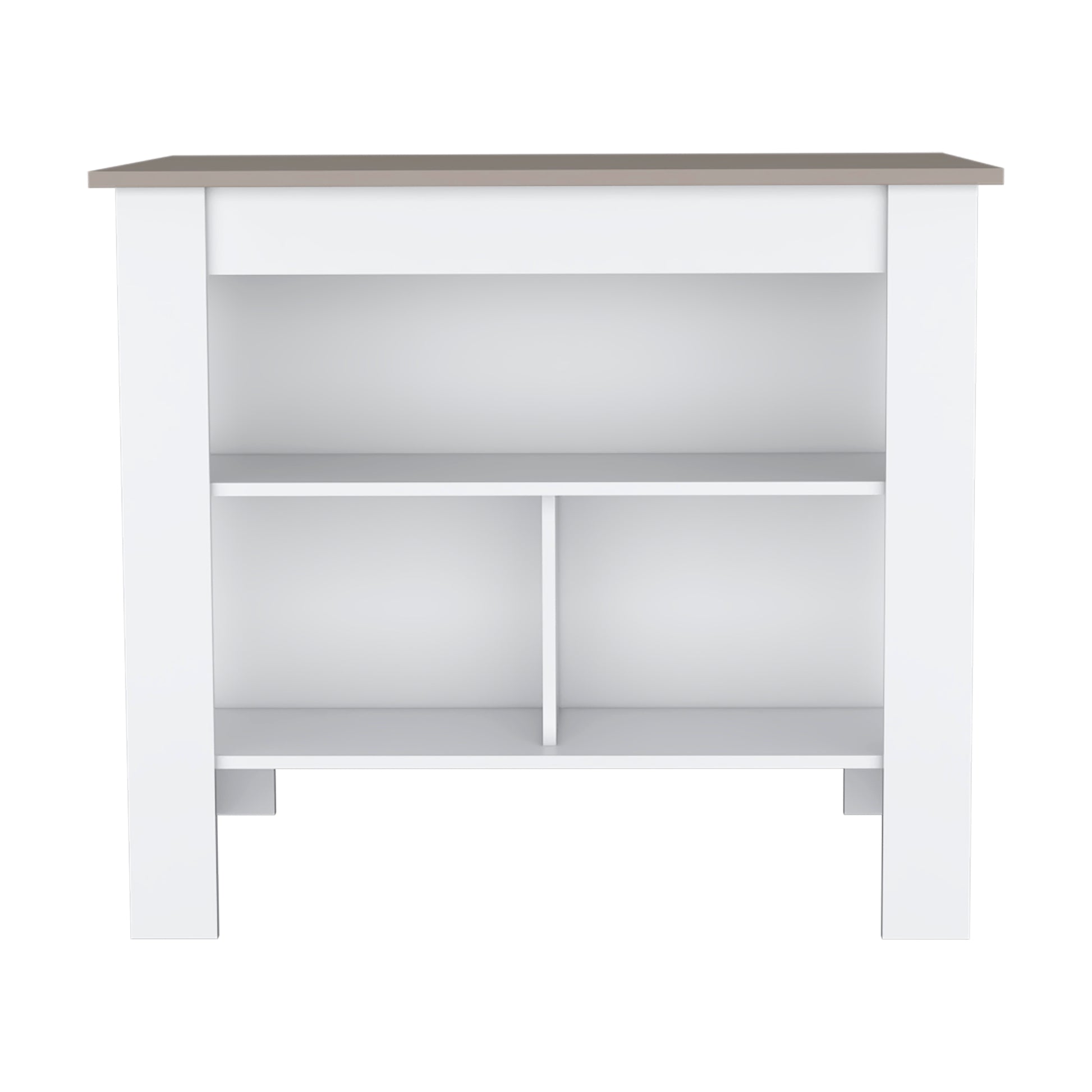White and taupe modern shelving unit with two open shelves