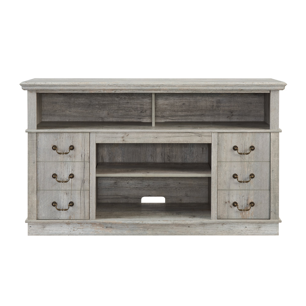 Distressed gray wood TV stand with three drawers on each side and open shelving