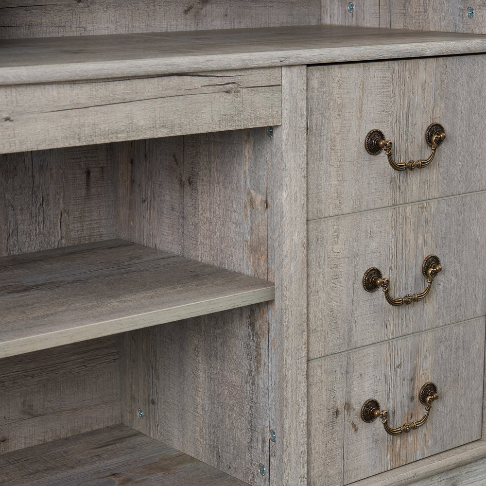 Rustic grey wood dresser with ornate antique brass drawer pulls