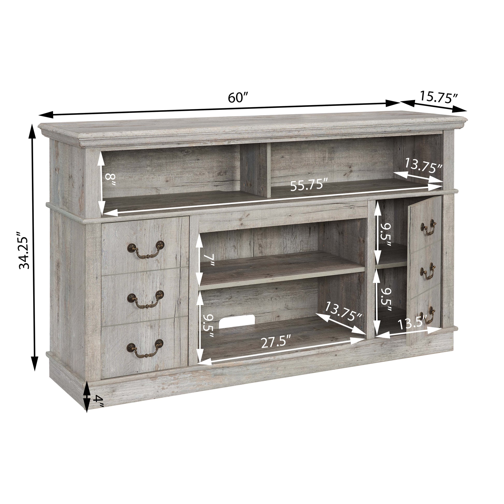 Distressed gray washed wood TV stand with three drawers and two cabinet doors