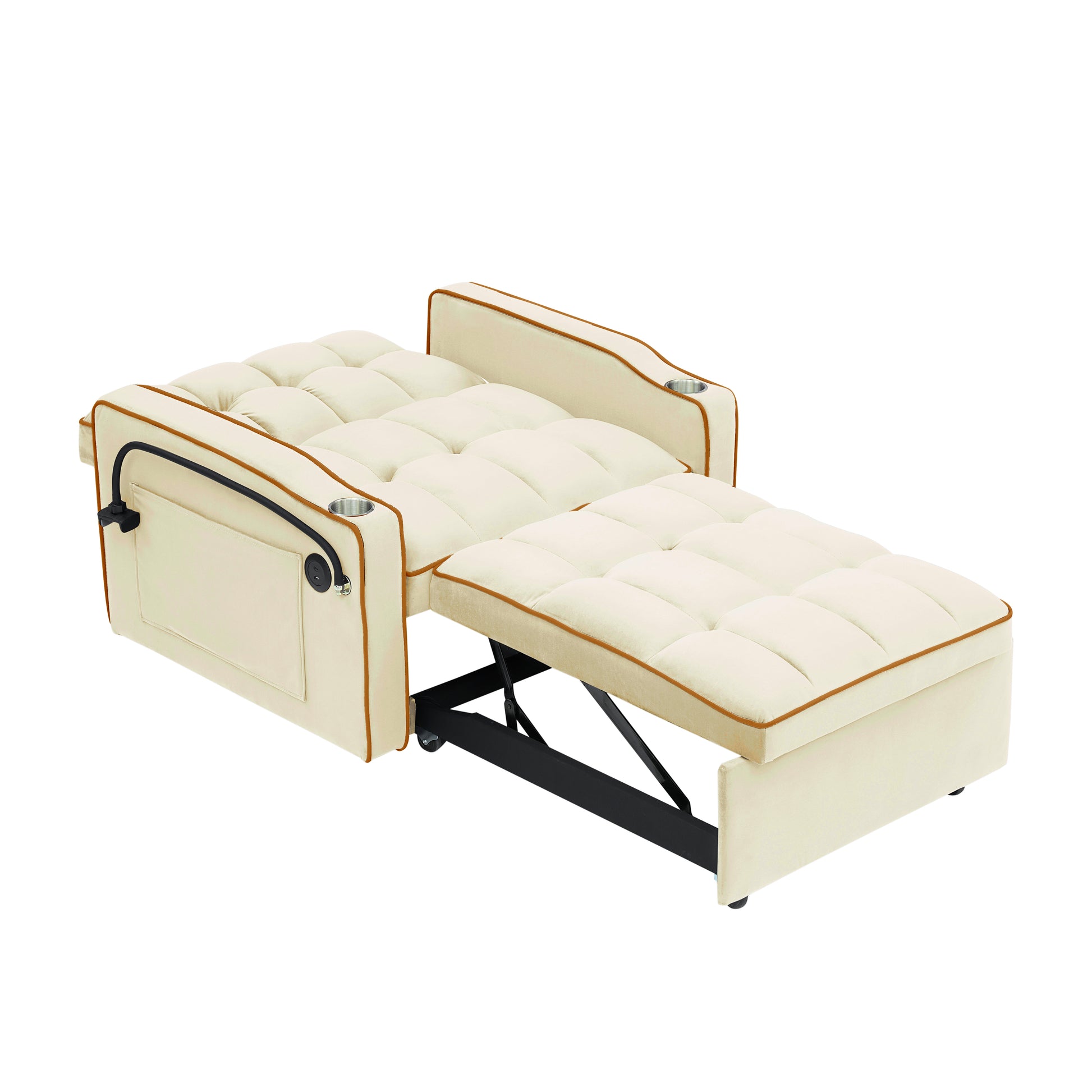 Cream upholstered convertible sofa bed with brown trim and cup holders ideal for small spaces