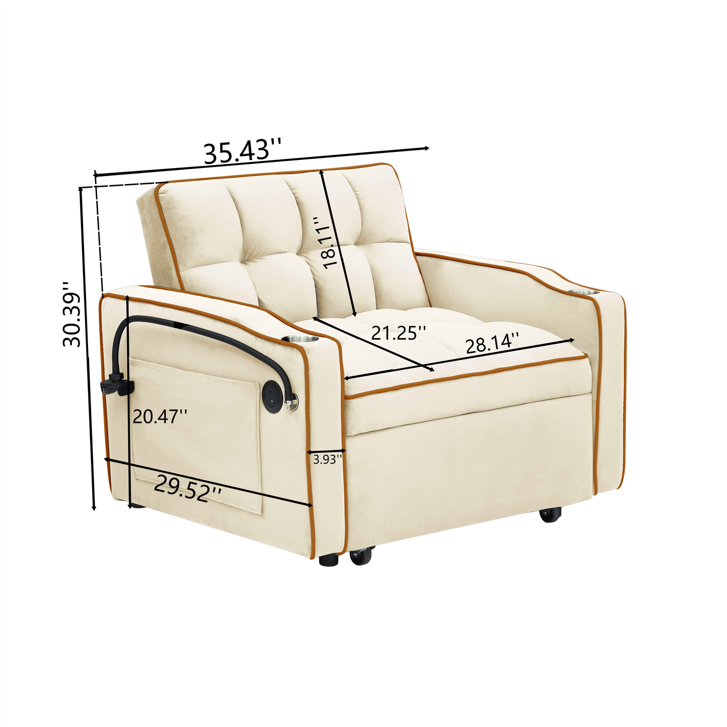 Cream upholstered single chair with brown trim and cup holders