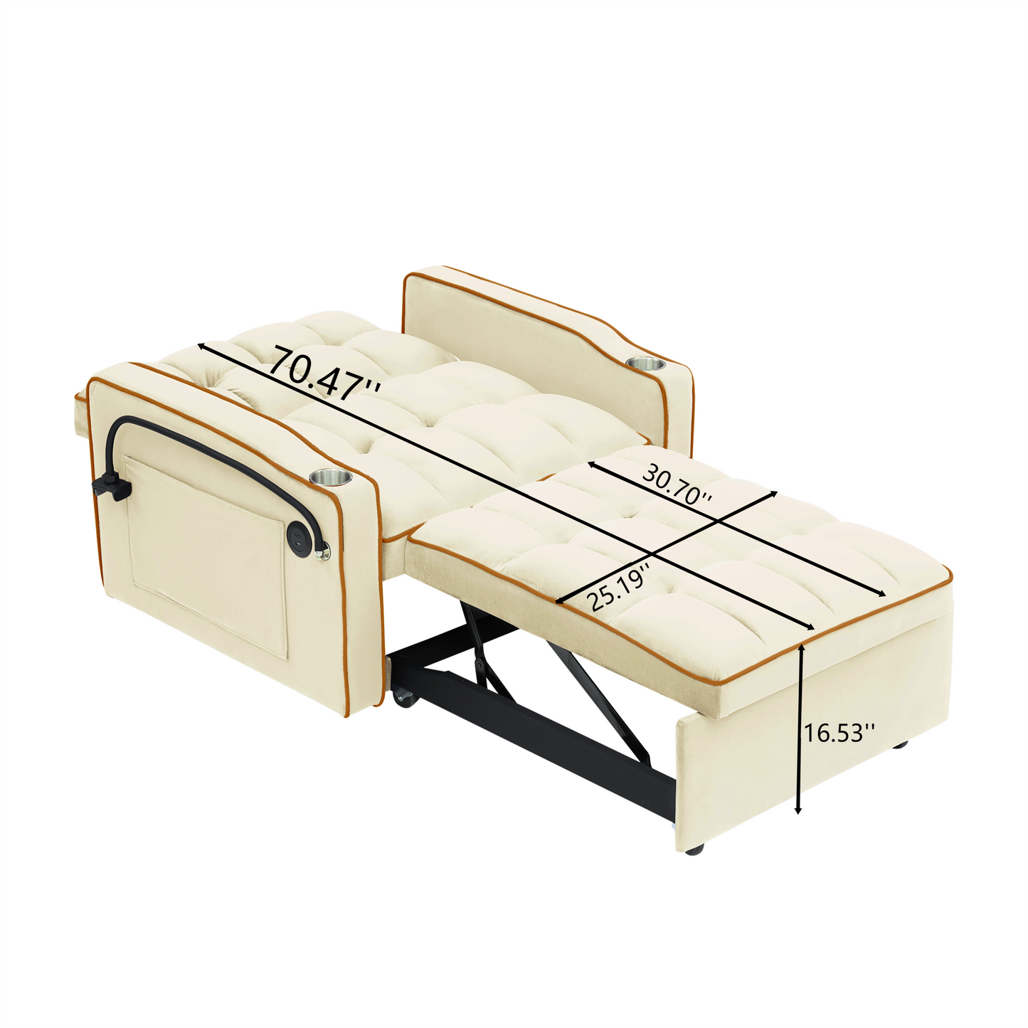 Cream upholstered convertible sofa bed with pullout ottoman and cupholders
