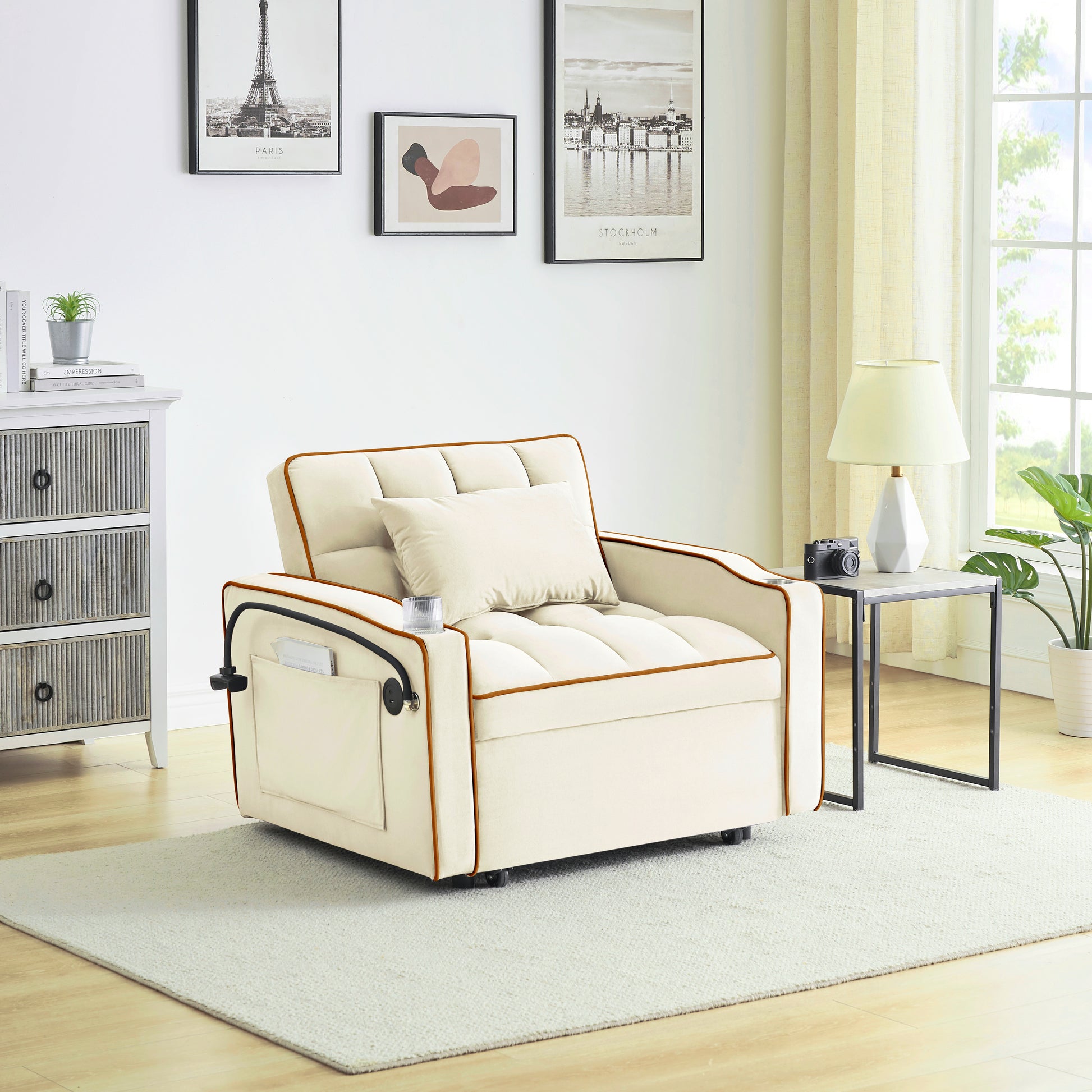 Cream velvet accent chair with tufted back matching pillow and brown trim