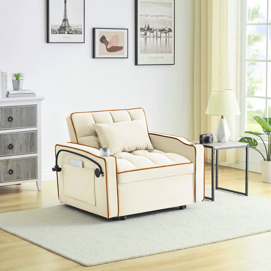 Cream velvet accent chair with tufted back matching pillow and brown trim