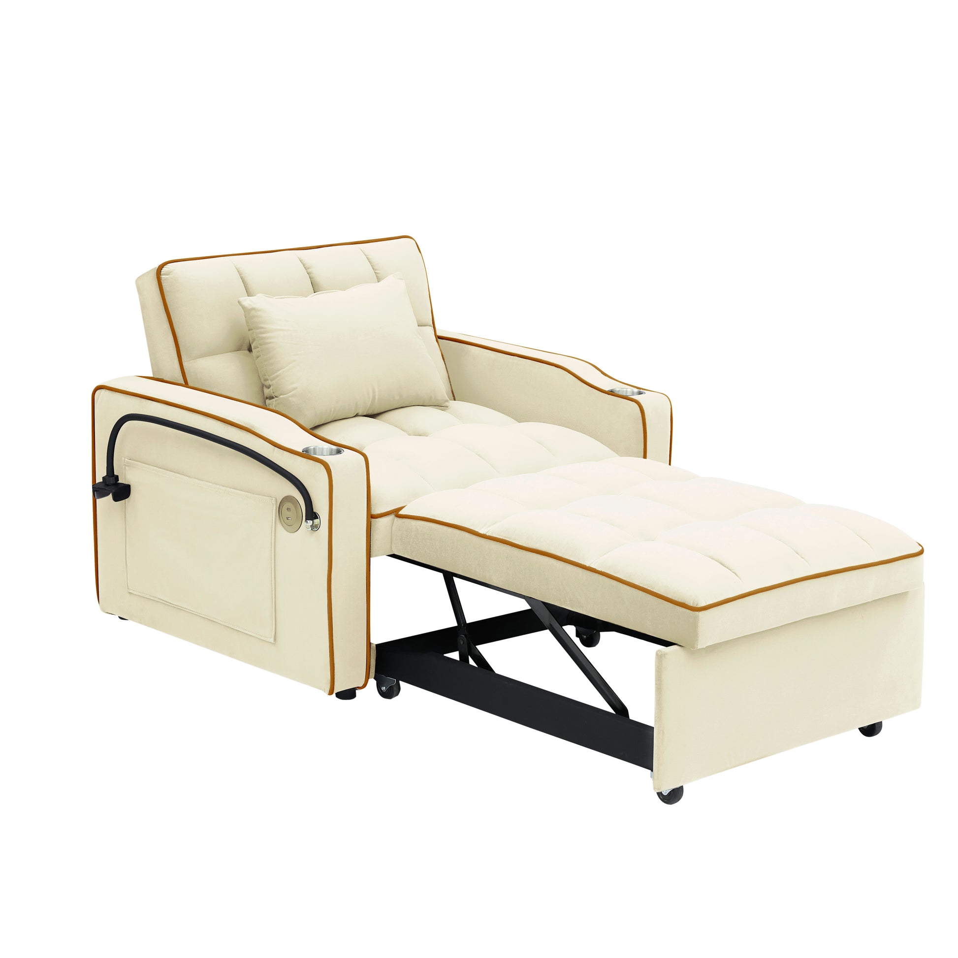 Cream velvet sofa bed with brown piping and pullout footrest
