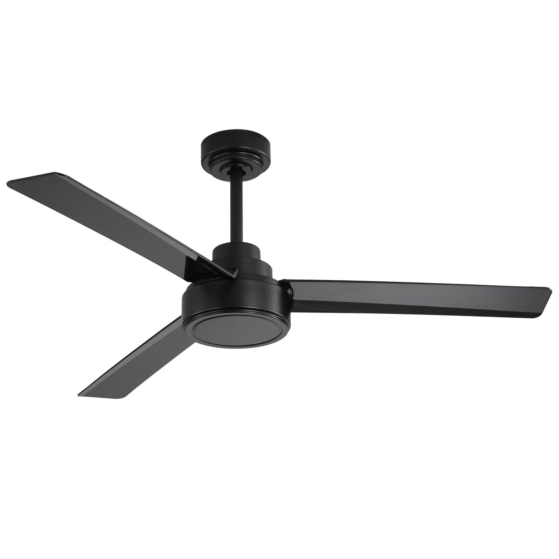 Modern black ceiling fan with three sleek matte blades and a minimalist motor housing