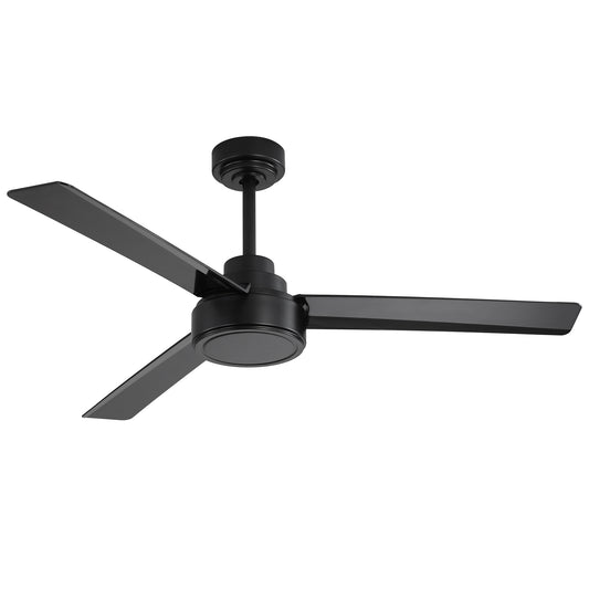 Modern black ceiling fan with three sleek matte blades and a minimalist motor housing