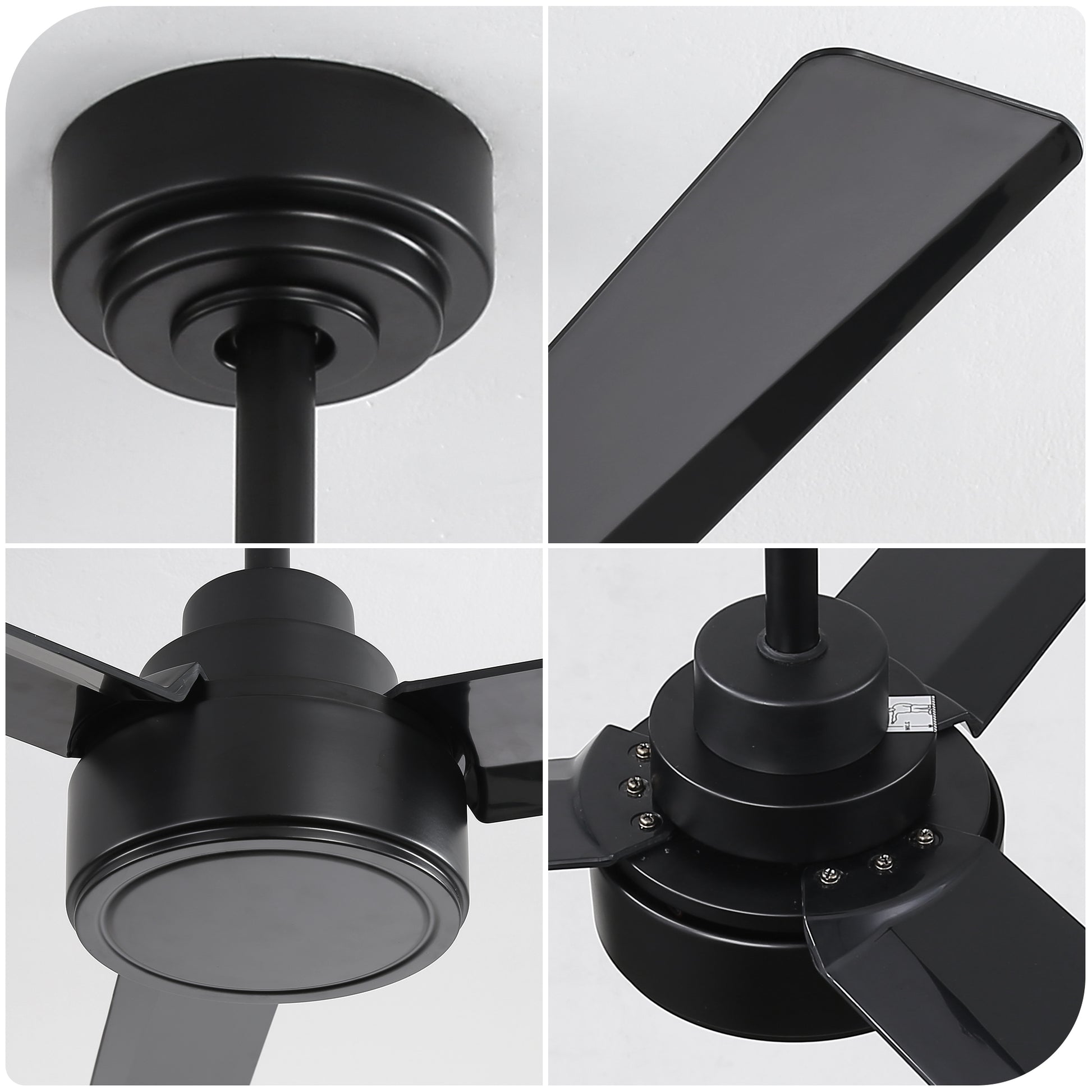 Closeup of black ceiling fan motor housing with tiered design