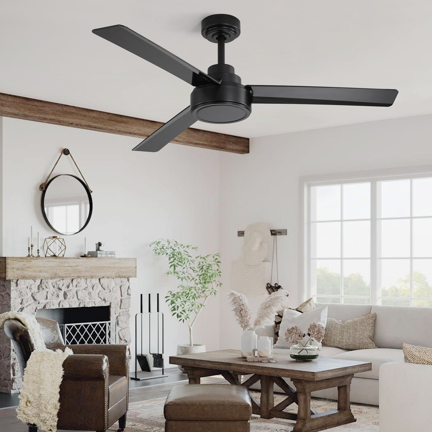 Matte black modern inch ceiling fan with three slim blades for living rooms