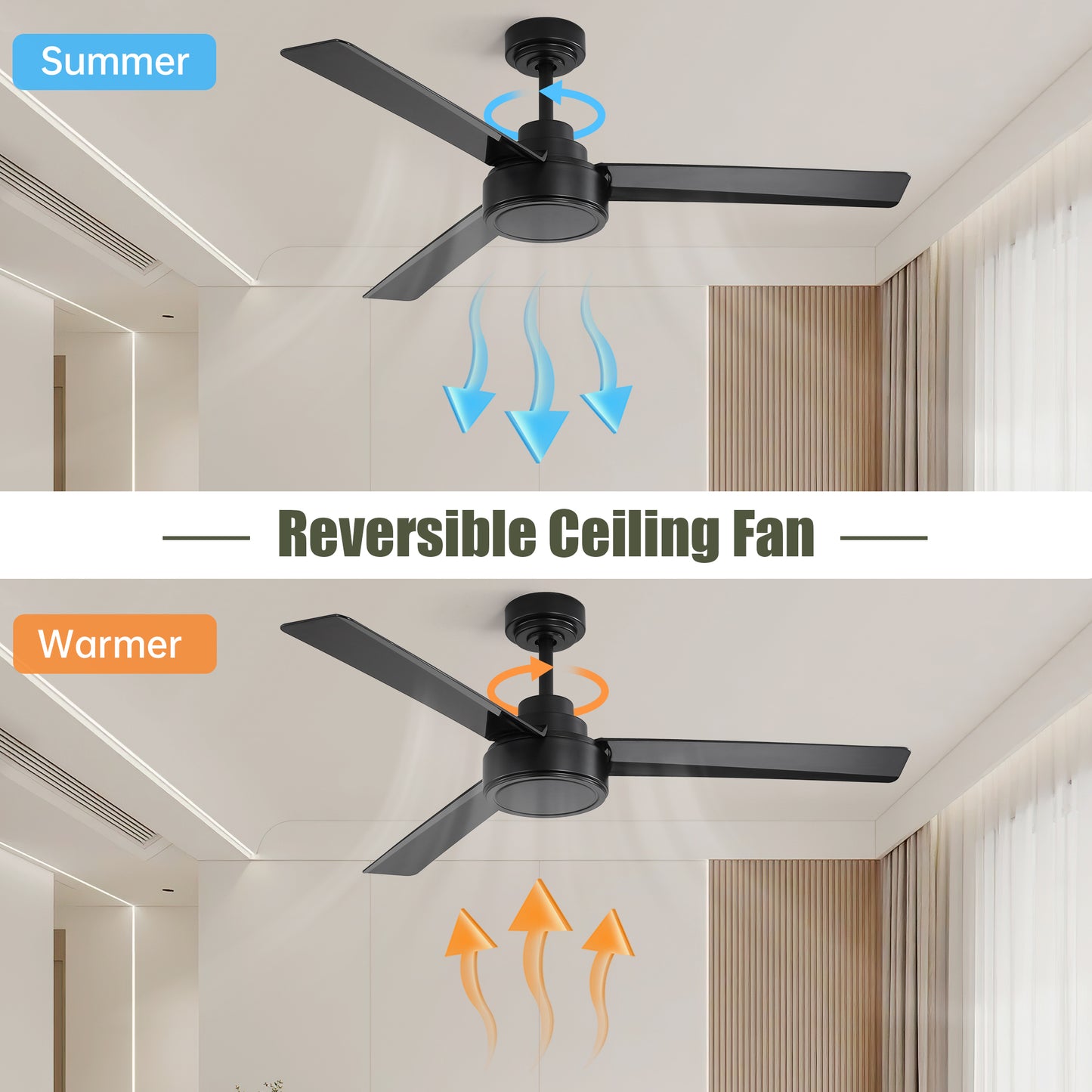 Black reversible ceiling fan with three blades illustrating cool airflow for summer use