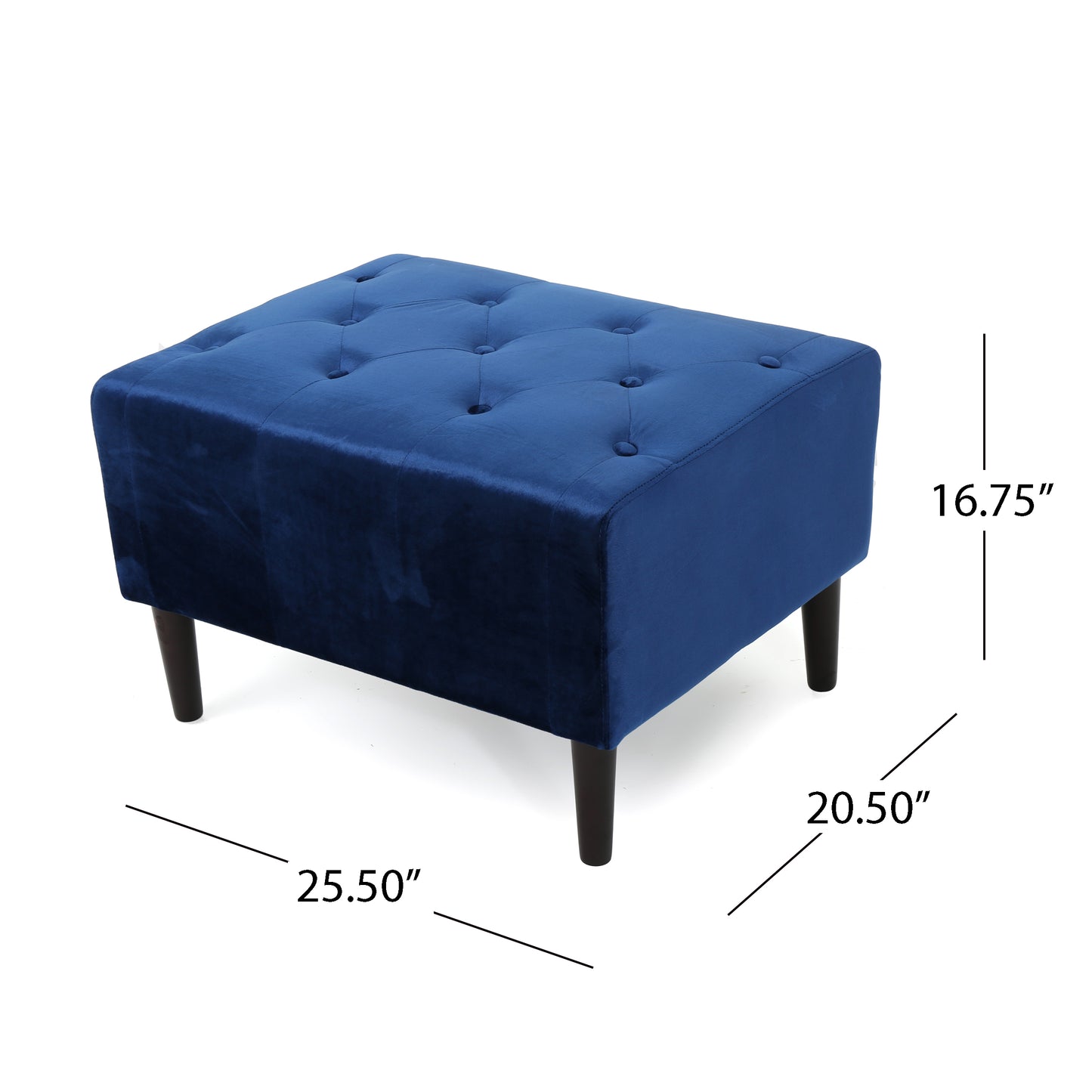 Navy blue velvet ottoman with button tufting and dark wooden legs