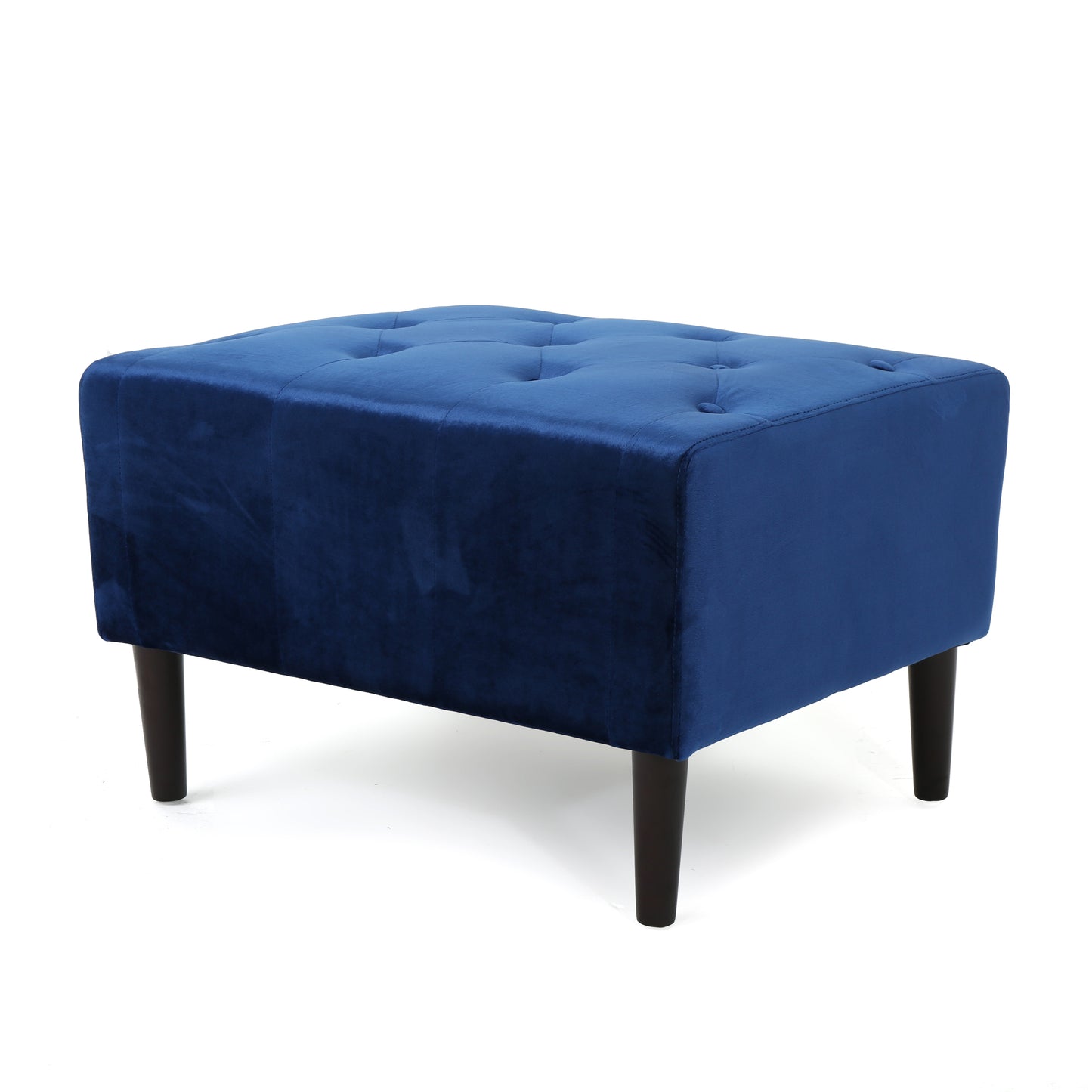Deep blue velvet ottoman with tufted top and dark wood legs