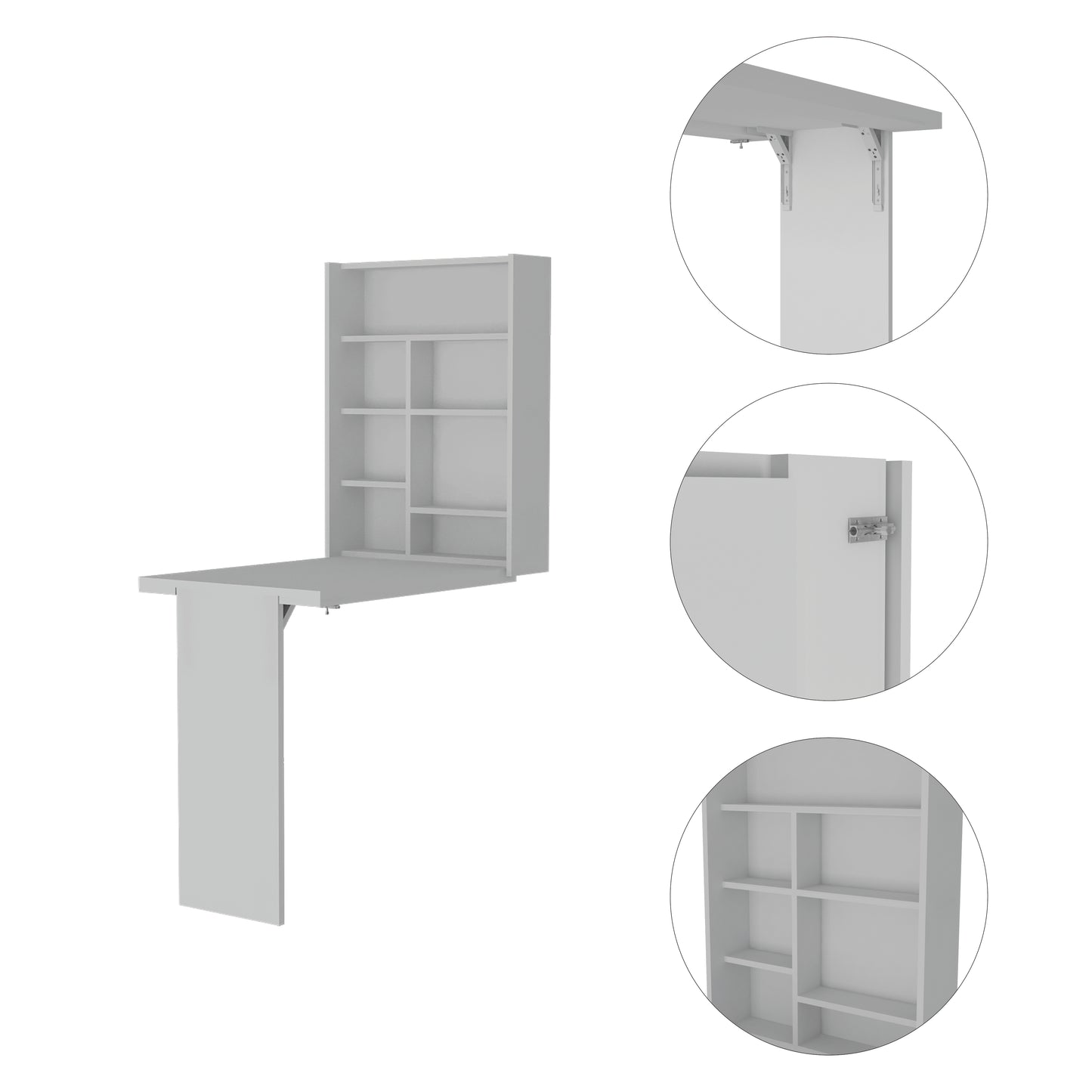 White wallmounted folding desk with integrated shelving