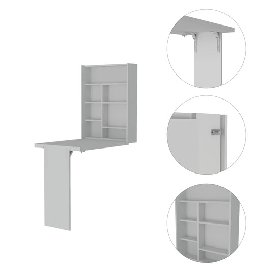 White wallmounted folding desk with integrated shelving
