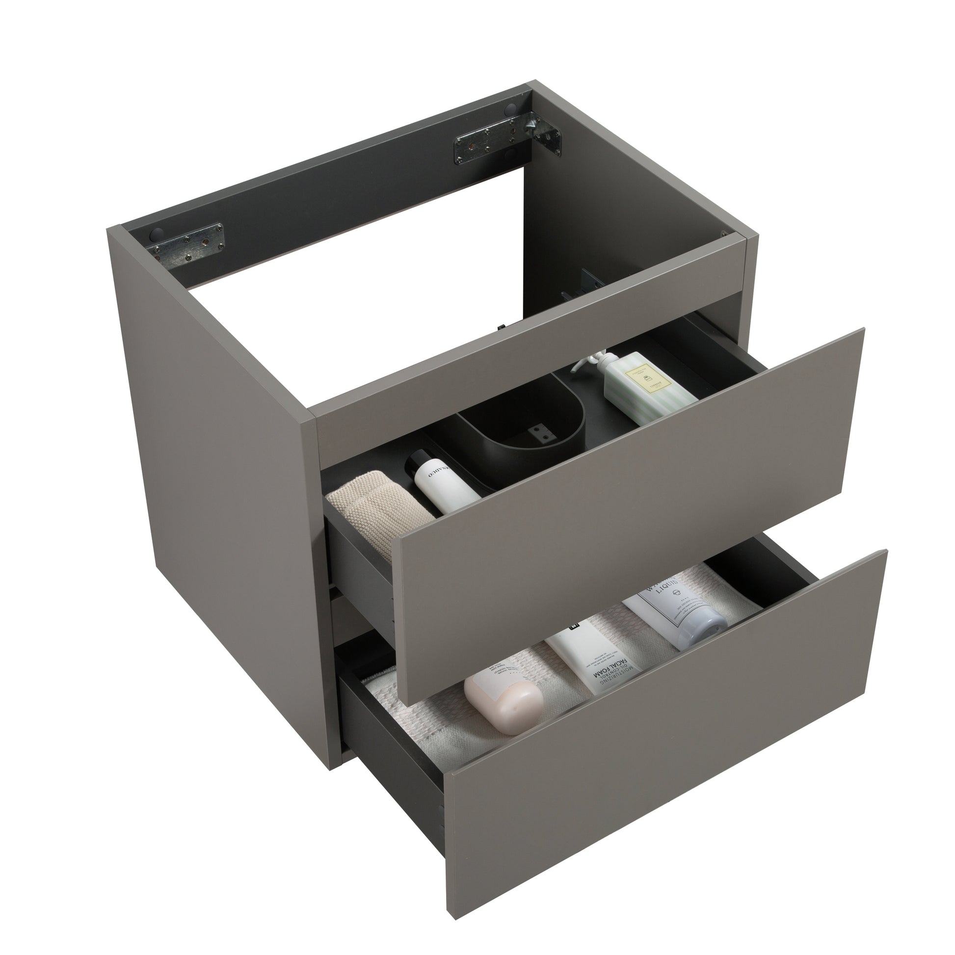 Modern grey bathroom vanity with two drawers showcasing toiletries and towels