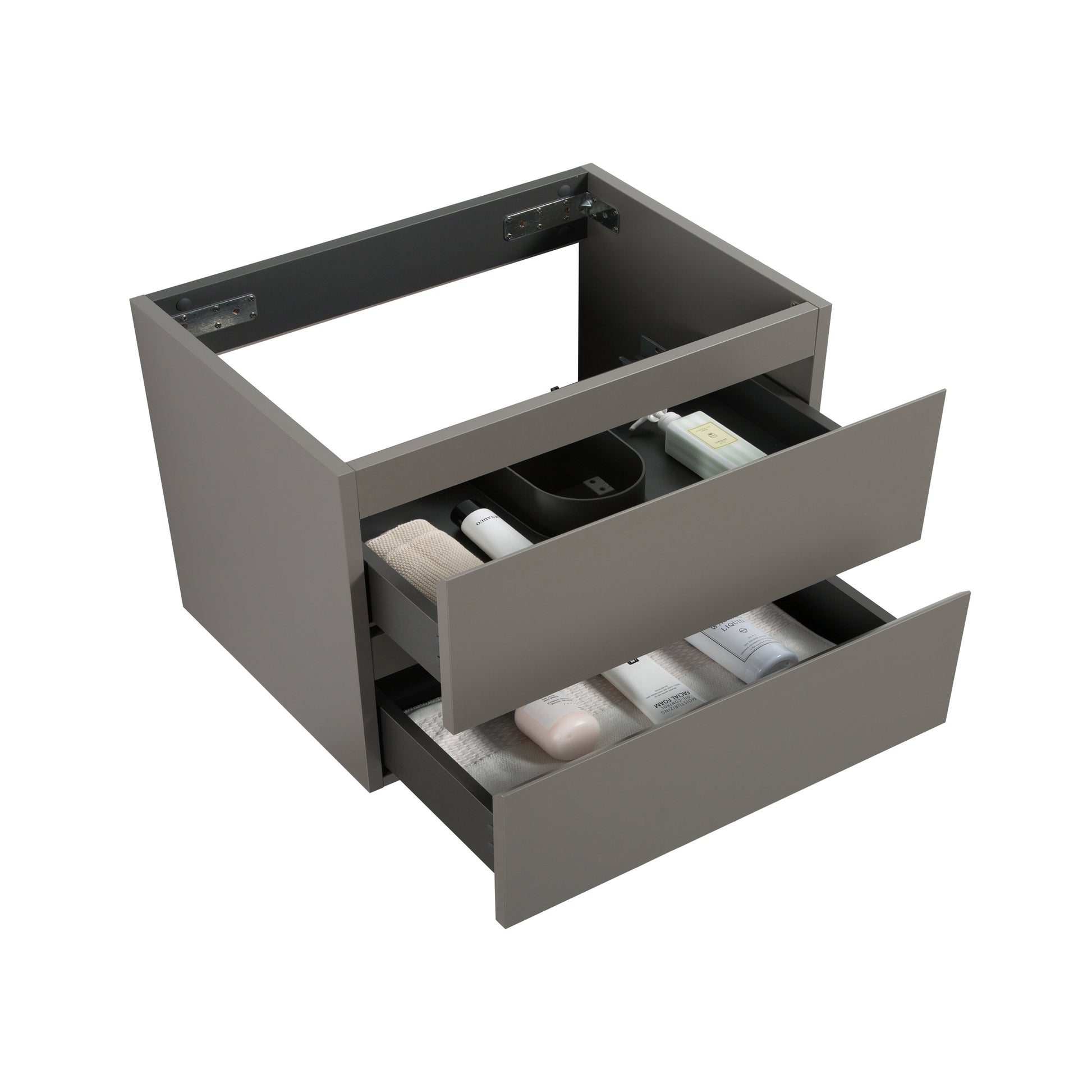 Gray modern bathroom vanity cabinet with two drawers open showcasing toiletries