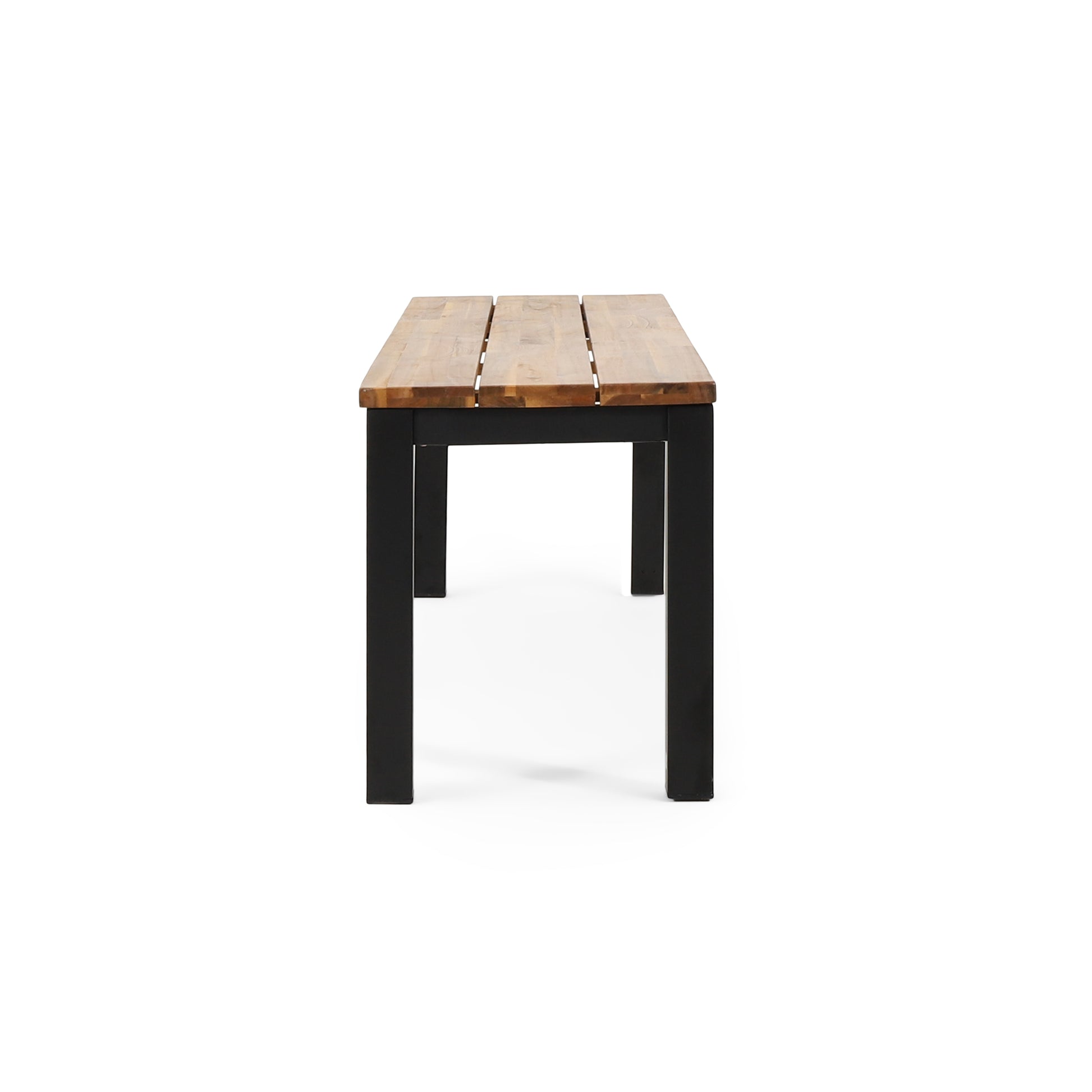 Solid wood outdoor bench with black metal legs modern design ideal for garden seating