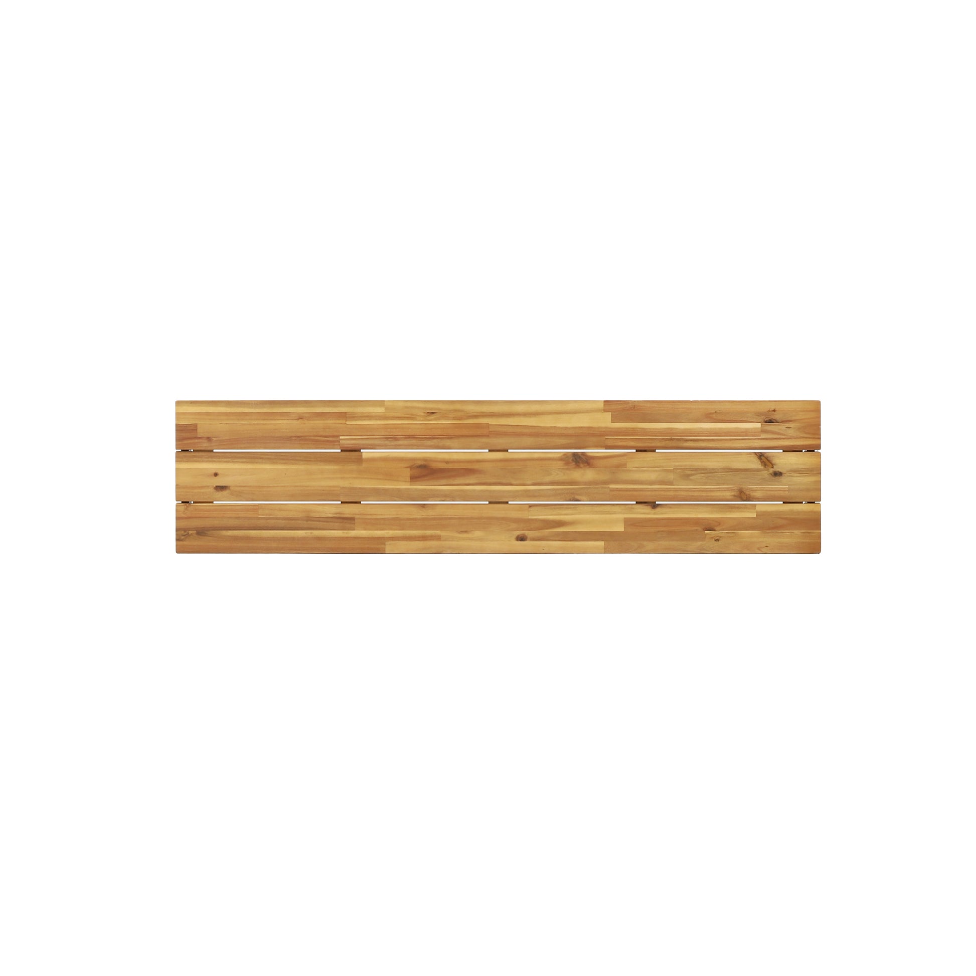 Wooden slat table top with natural grain perfect for outdoor dining