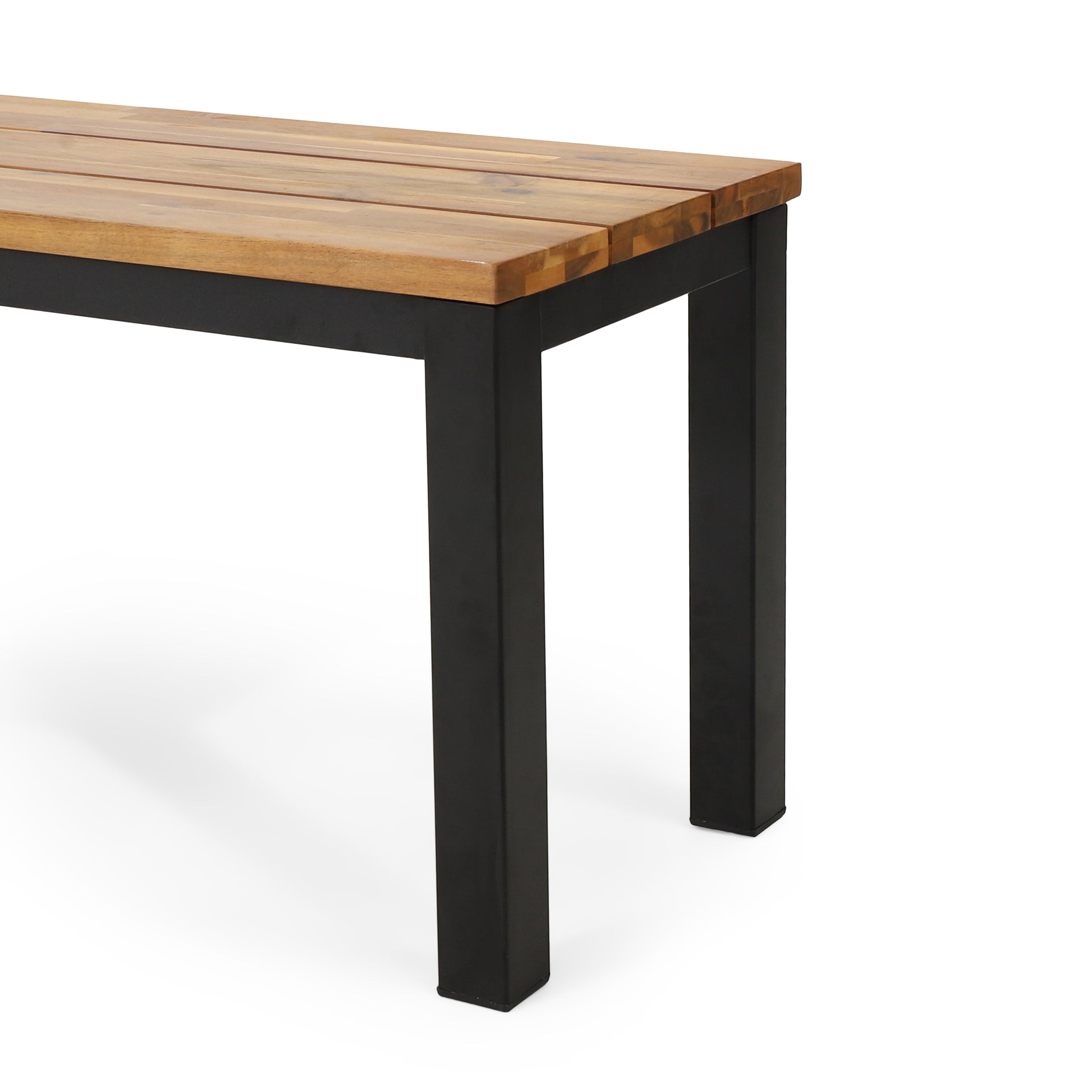 Wooden slatted bench with black metal legs ideal for outdoor seating