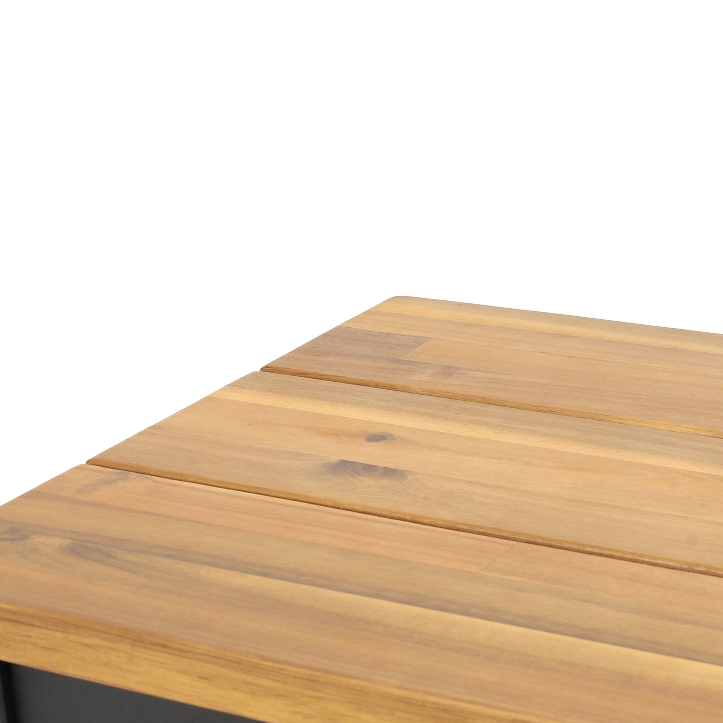 Closeup of a natural wood coffee table surface with visible grain and planks