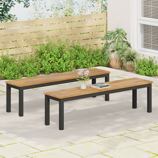 Modern outdoor bench with natural wood slats and black metal frame on patio
