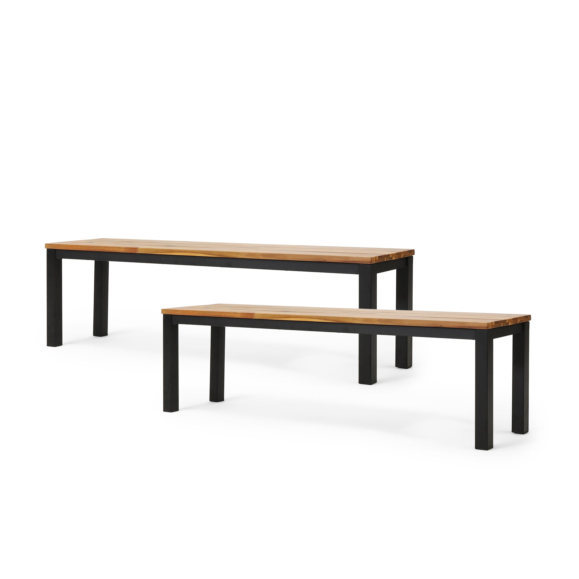 Two wooden slat benches with black metal frames one long and one short
