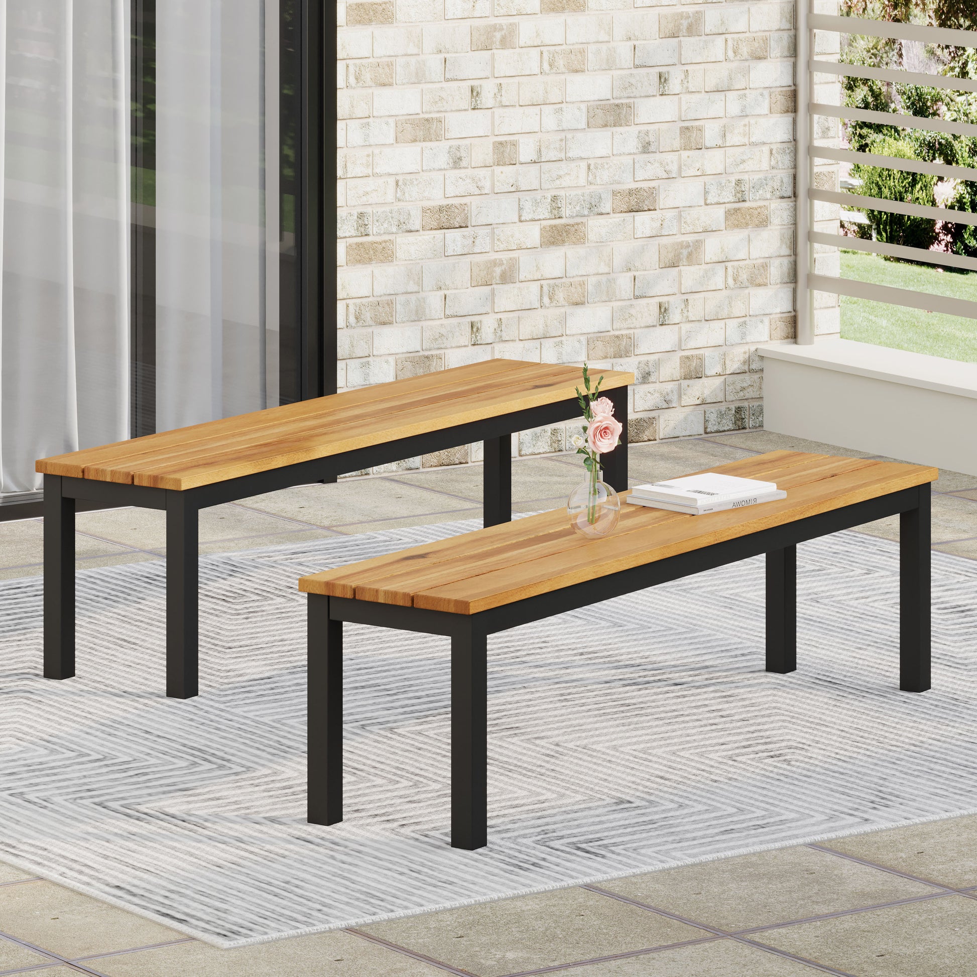 Modern wood and metal bench with clean lines perfect for patio seating