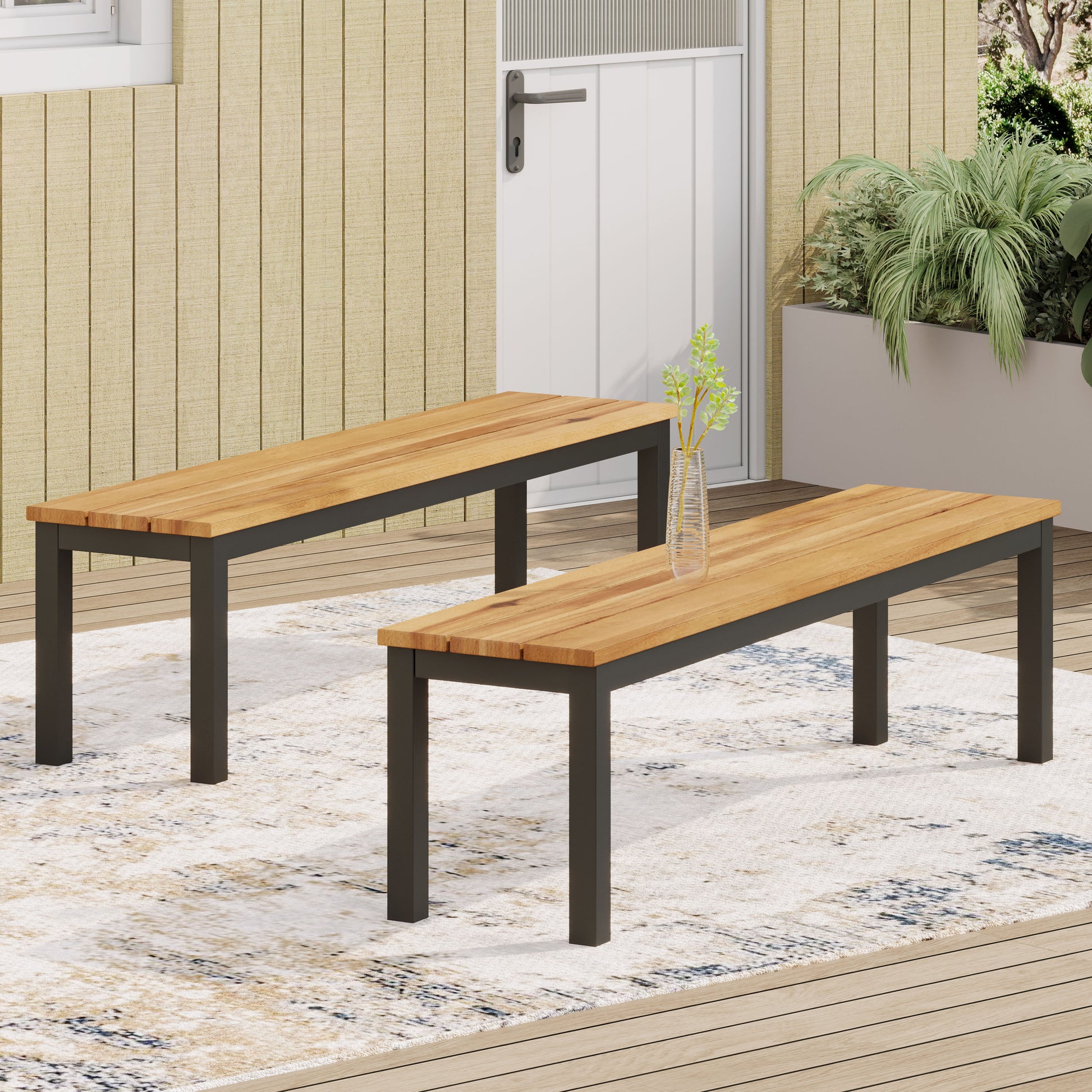 Wooden slatted bench with dark metal frame modern outdoor furniture