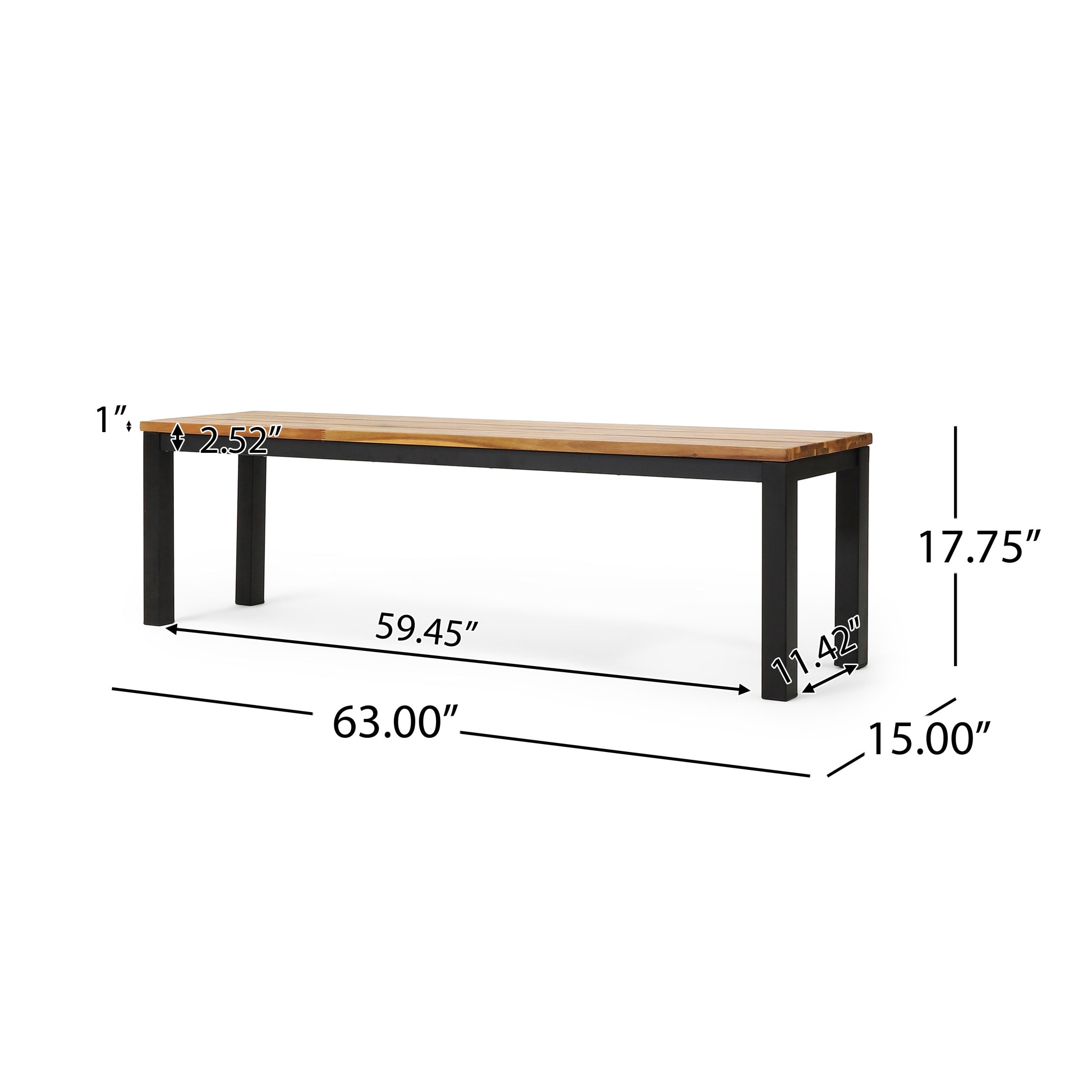Modern outdoor bench with a slatted wood top and black metal frame
