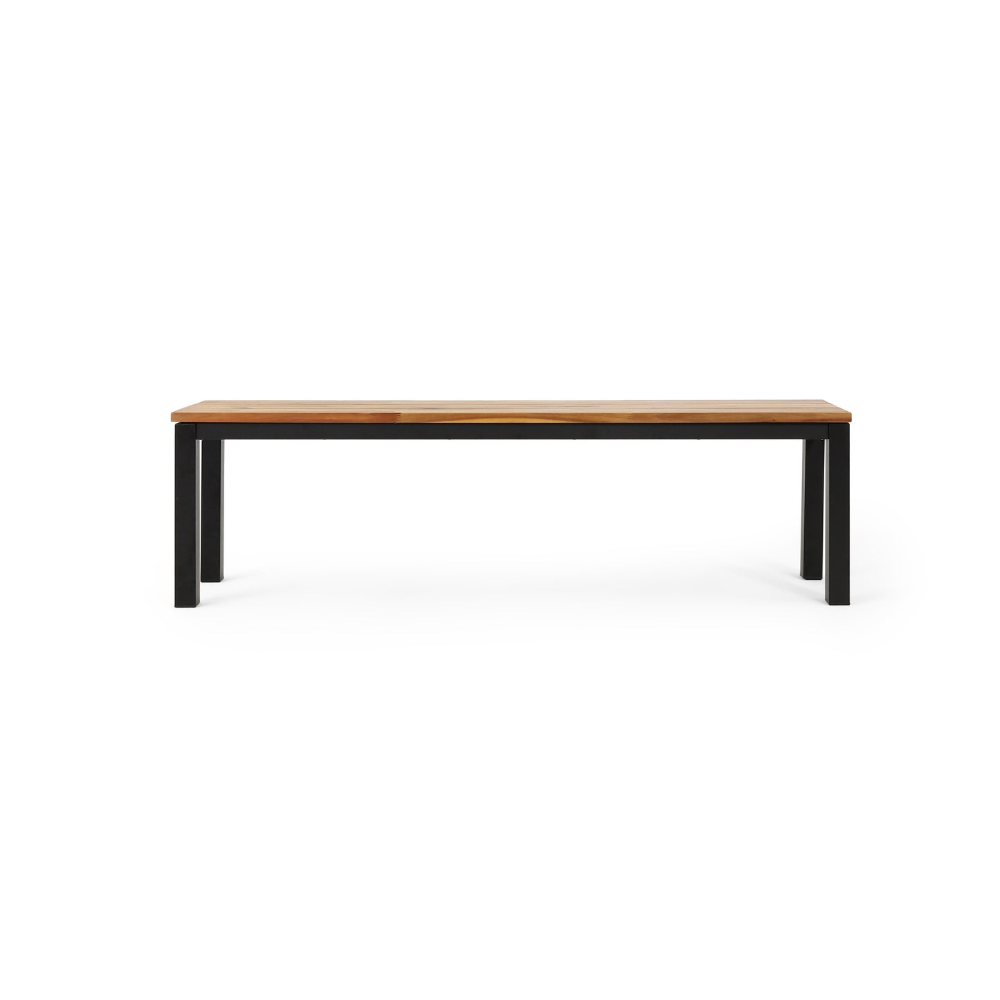 Long wooden dining bench with black metal legs and a natural wood finish