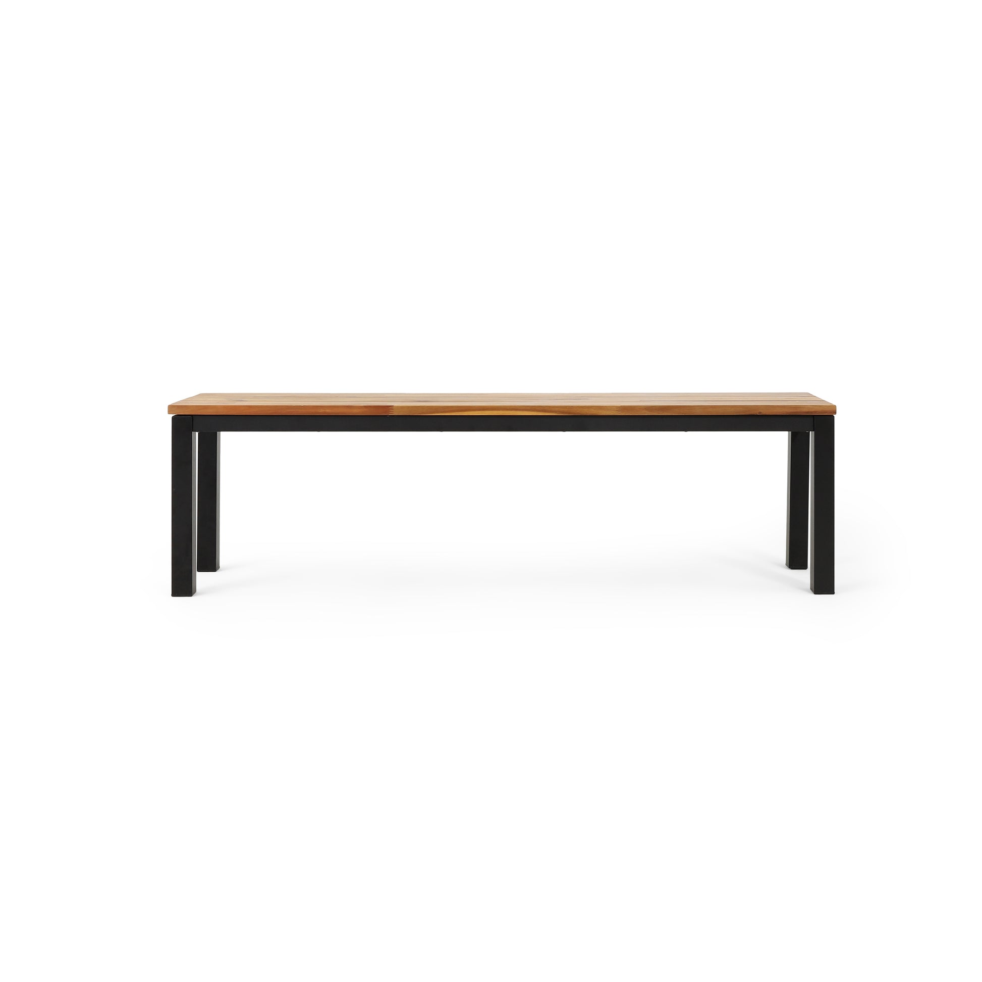 Long wooden dining bench with black metal legs and a natural wood finish