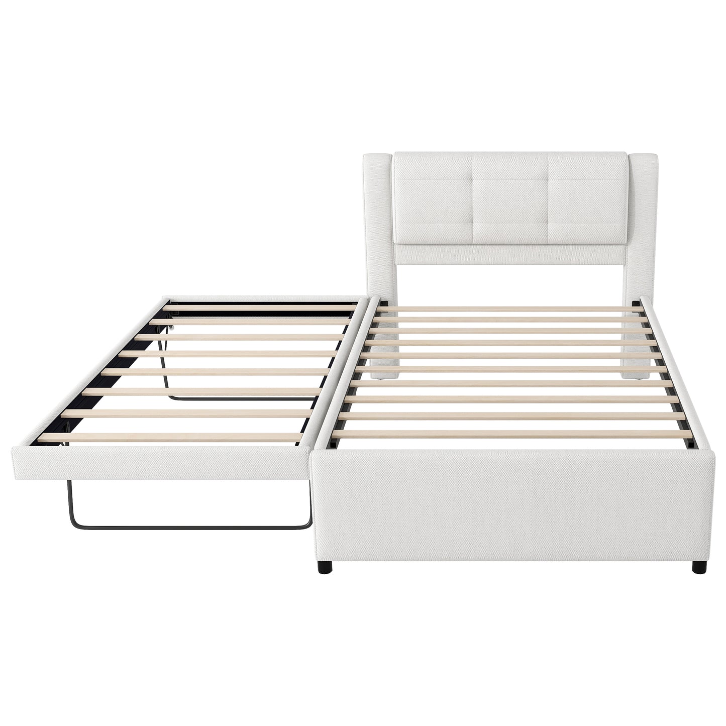 White upholstered bed frame with pullout trundle tufted headboard and wooden slats