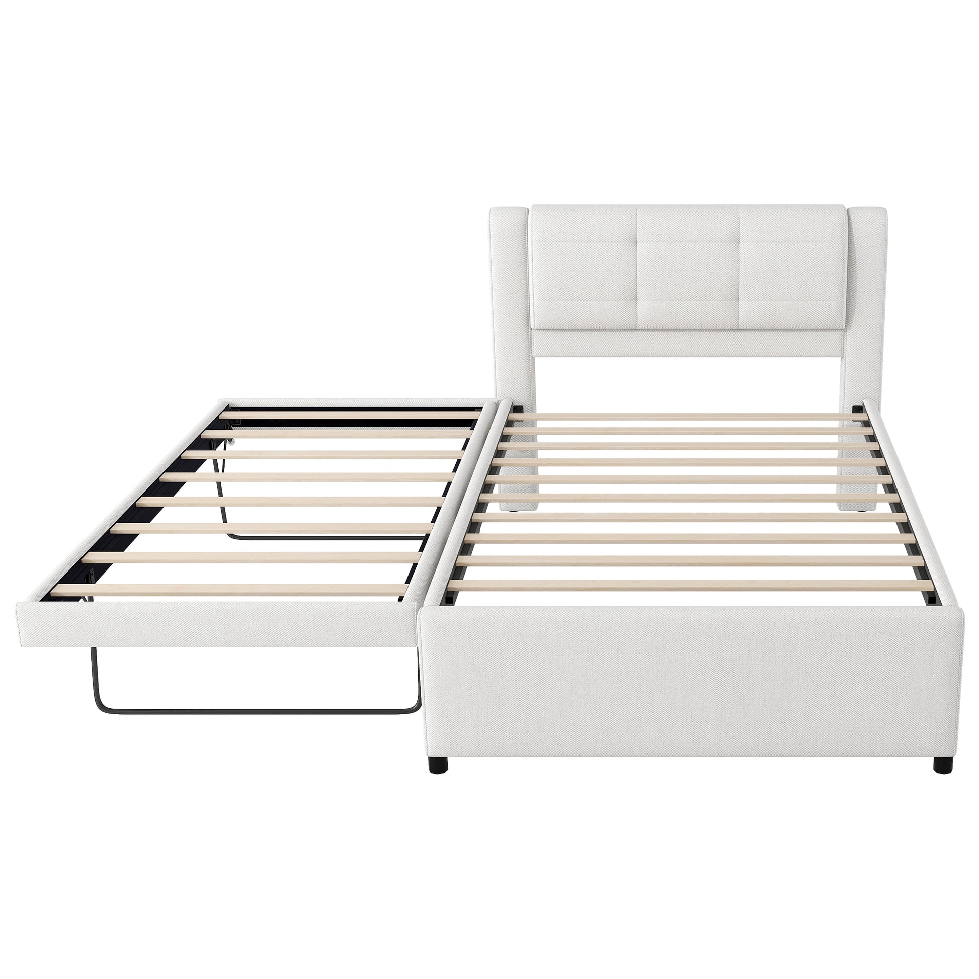 White upholstered bed frame with pullout trundle tufted headboard and wooden slats