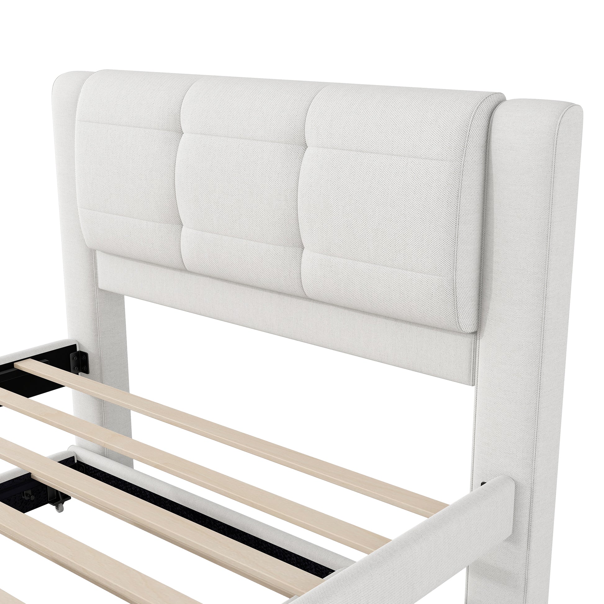 White upholstered bed frame with tufted headboard and wooden slats