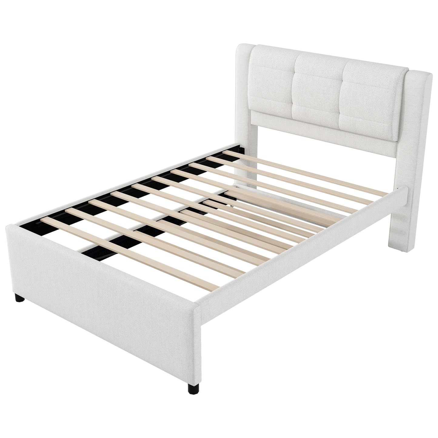 Twin upholstered bed frame with white fabric and tufted headboard