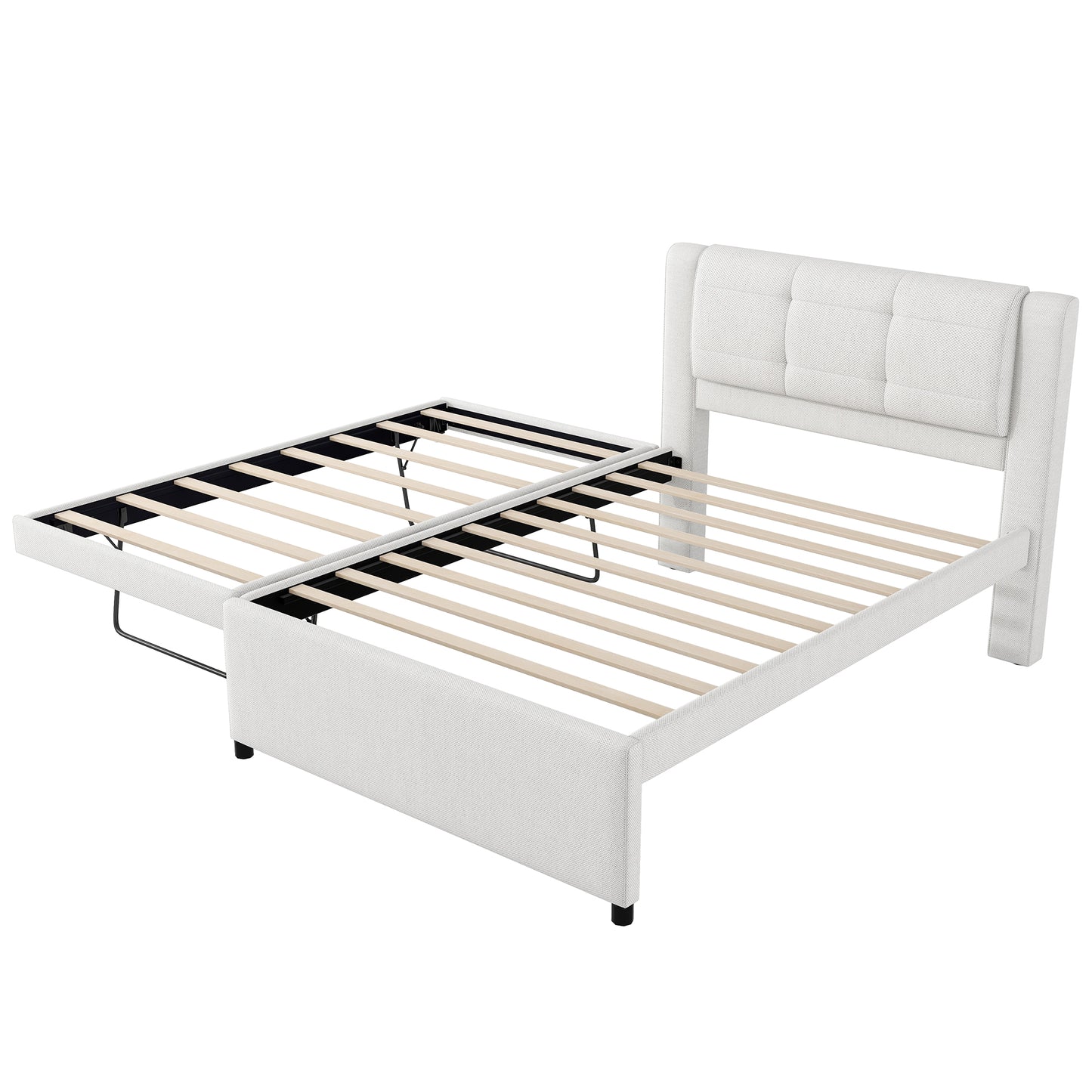 White upholstered bed frame with pullout trundle and tufted headboard