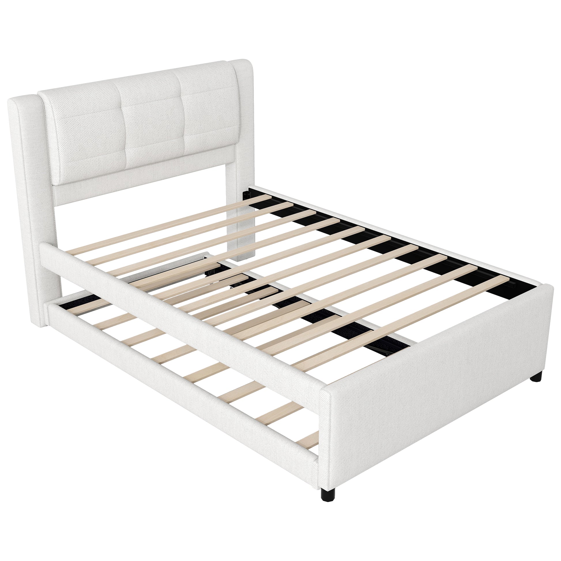 White upholstered twin bed frame with tufted headboard and wooden slats
