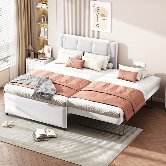 White upholstered twin daybed with pullout trundle coral bedding and minimalist decor