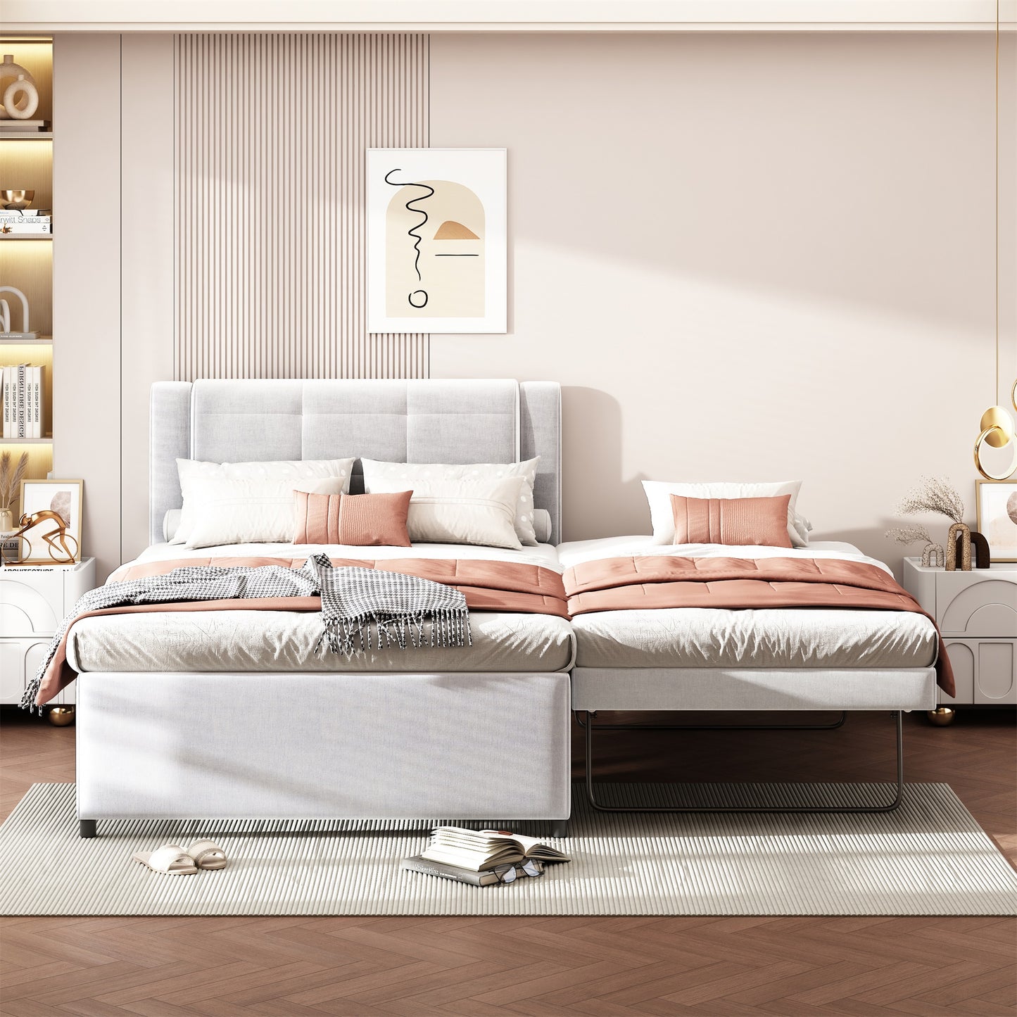 Upholstered light gray bed with pullout trundle ideal for guest rooms