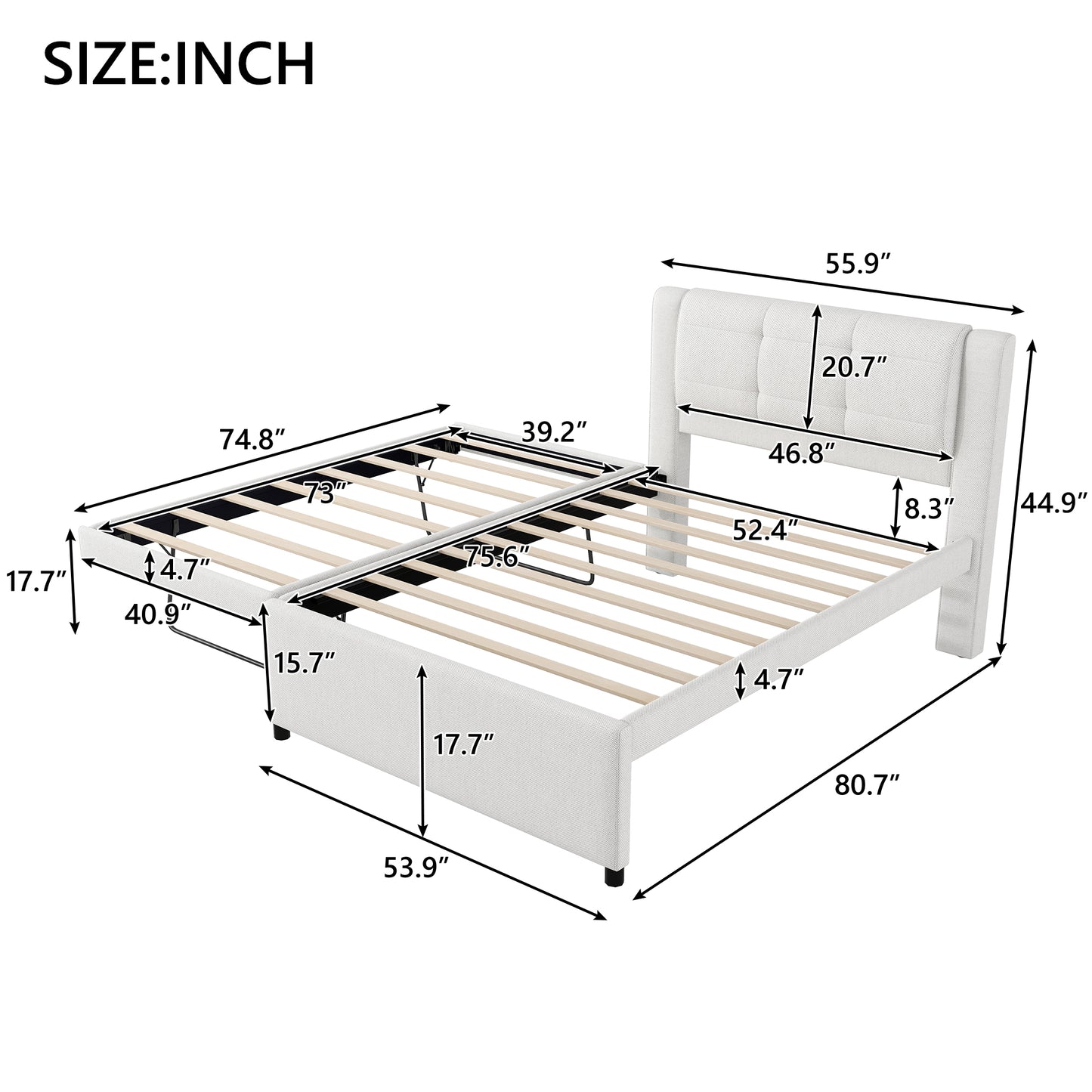 White upholstered platform bed frame with tufted headboard and detailed dimensions