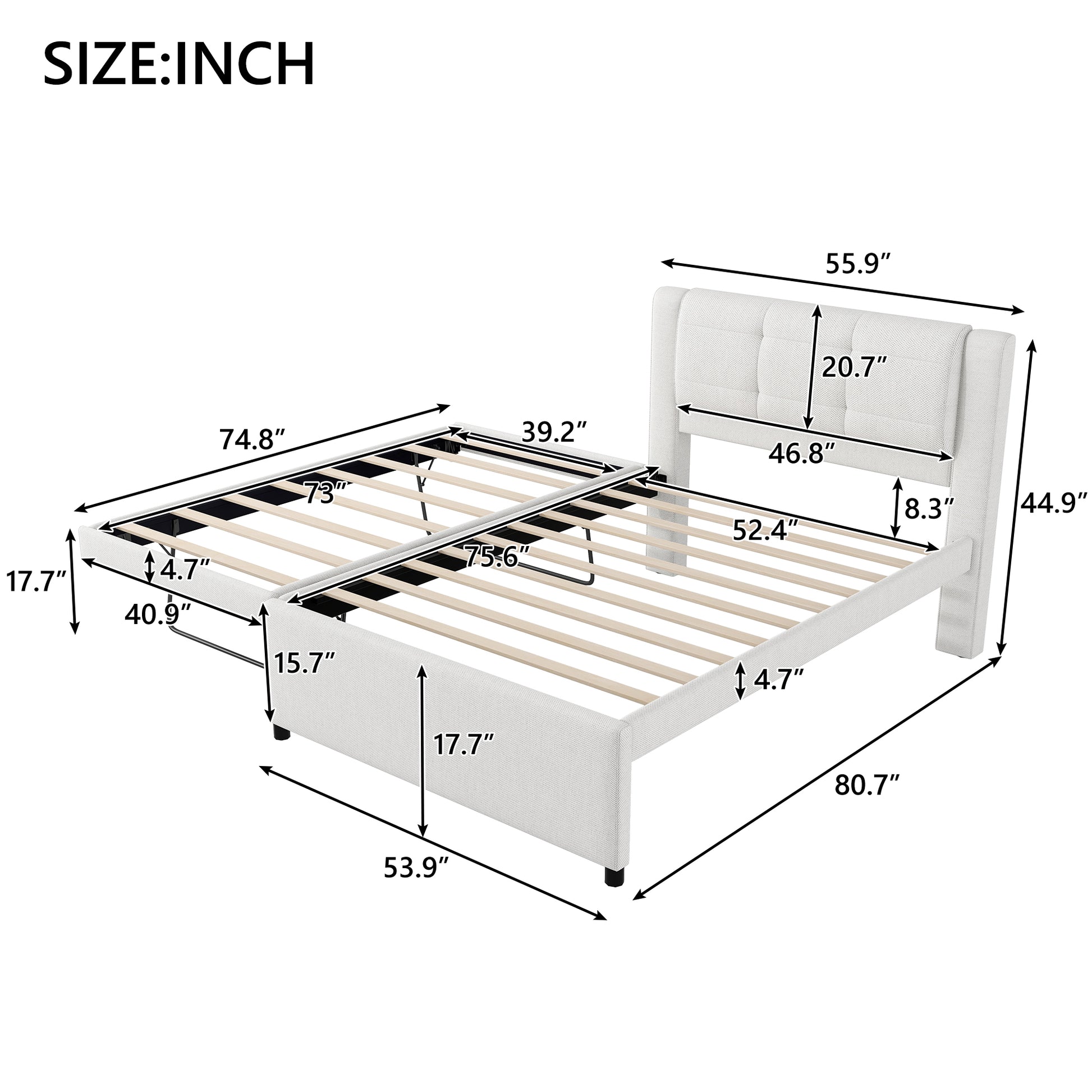 White upholstered platform bed frame with tufted headboard and detailed dimensions