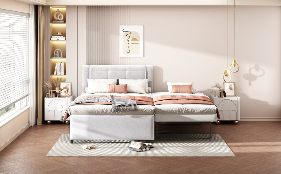 Light gray upholstered twin bed with pink and white accent pillows ideal for guest rooms