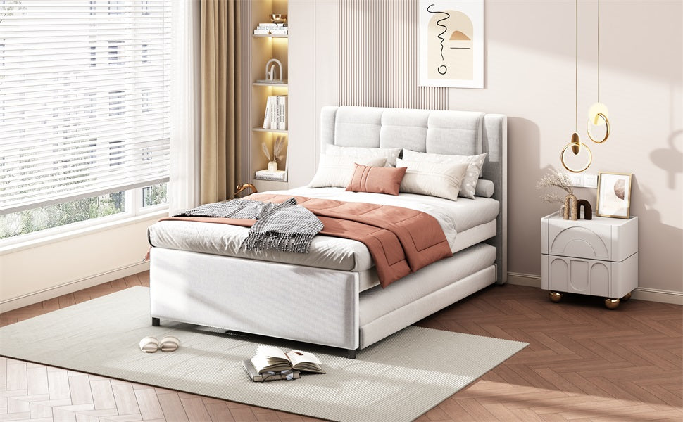 Upholstered platform bed with gray linen fabric and tufted headboard for modern bedroom