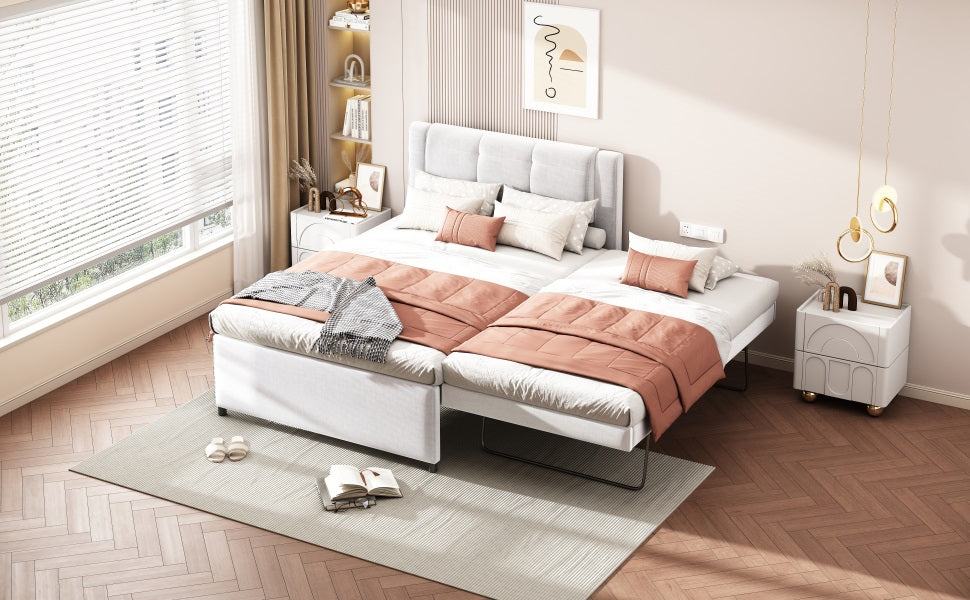 Convertible twin bed with pullout trundle featuring coral pink bedding and grey throw
