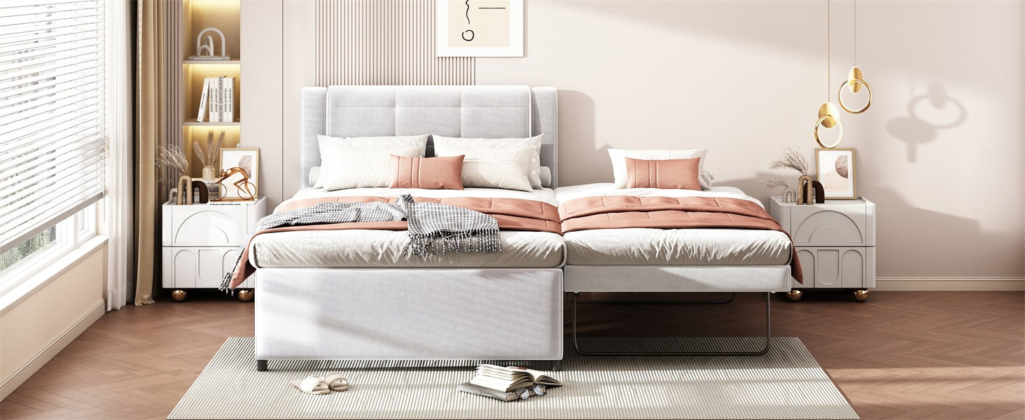 Upholstered twin bed frame with adjustable base in light gray fabric offering comfort and flexibility
